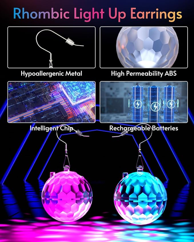 Light up Earrings Rhombic Disco Ball Earrings 16 Light Modes Rechargeable 60s 70s 80s Earrings for Women Concert, Disco Party, Rave Accessories