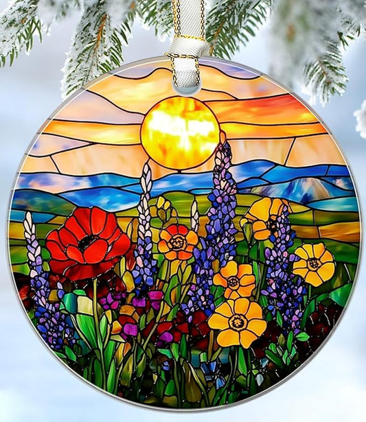 Wildflower Christmas Ornaments 2025, Stained Glass Christmas Tree Decorations, Exchange for Women, Men, Collectible Dated Year Ornaments for Tree - Glass Hanging Ornament