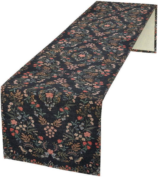 Morris Flower Table Runner, Vintage Blue Floral Rustic Country Style Floral Print Pattern for Home Kitchen Table Decor Dining Coffee Room Garden Party Decor 13x90in