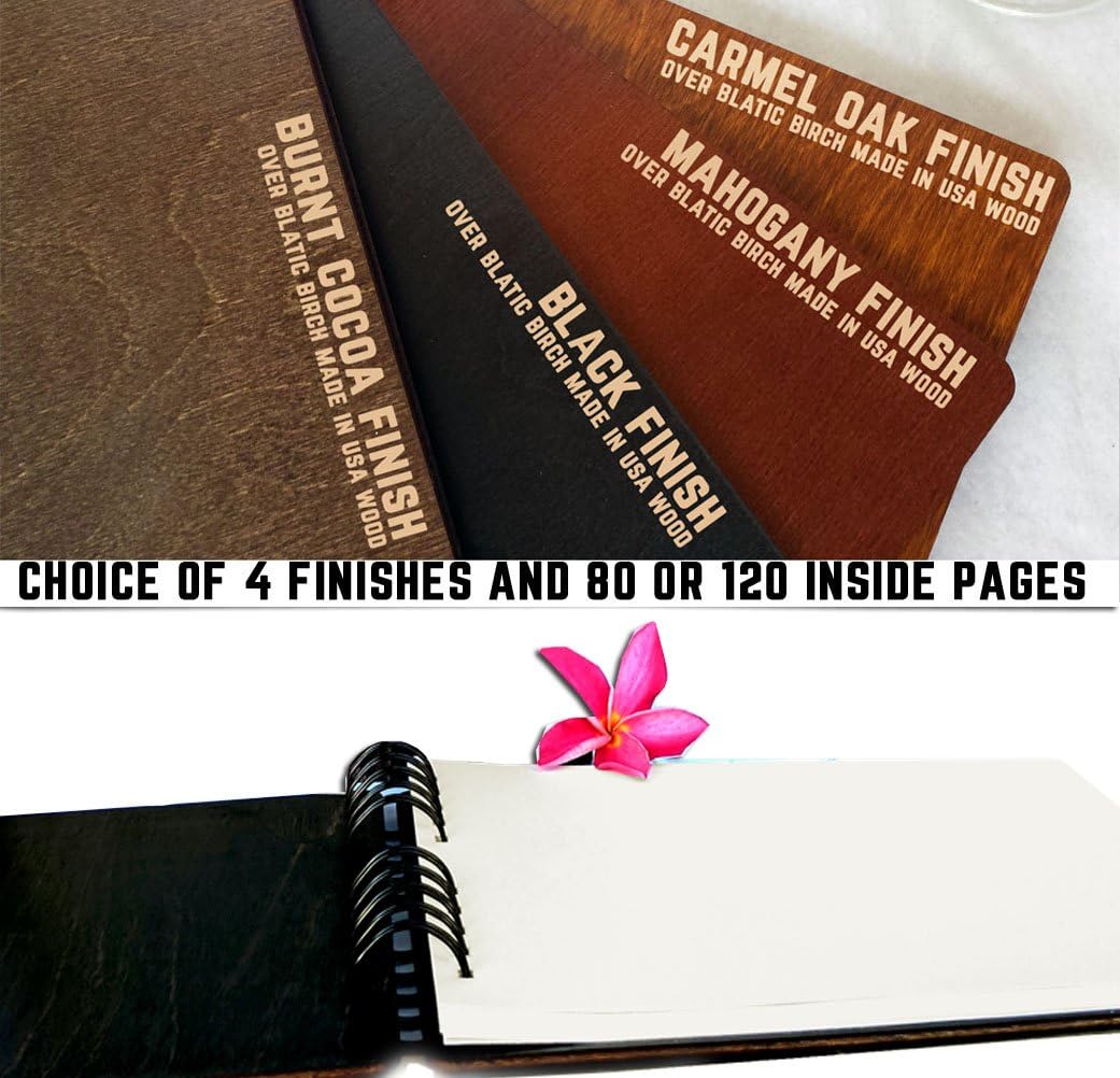 Wooden Wedding Guest Book Personalized (11"x8.5", Mahogany Stain) Wood for Bride and Groom Vintage Alternative Anniversary Bridal Party Guest Album Photo Booth Guestbook Made in USA