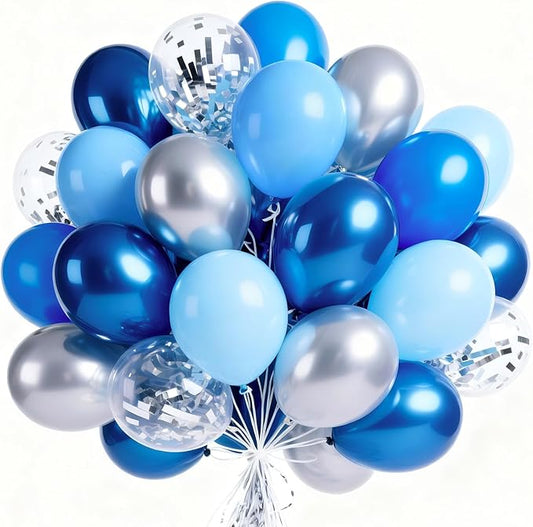 PartyWoo Blue and Silver Balloons 65pcs 12 Inch Light Pastel Baby Metallic Pearl Blue Metallic Chrome Silver Confetti Balloons for Gender Reveal Wedding Baby Shower Birthday Party Decorations