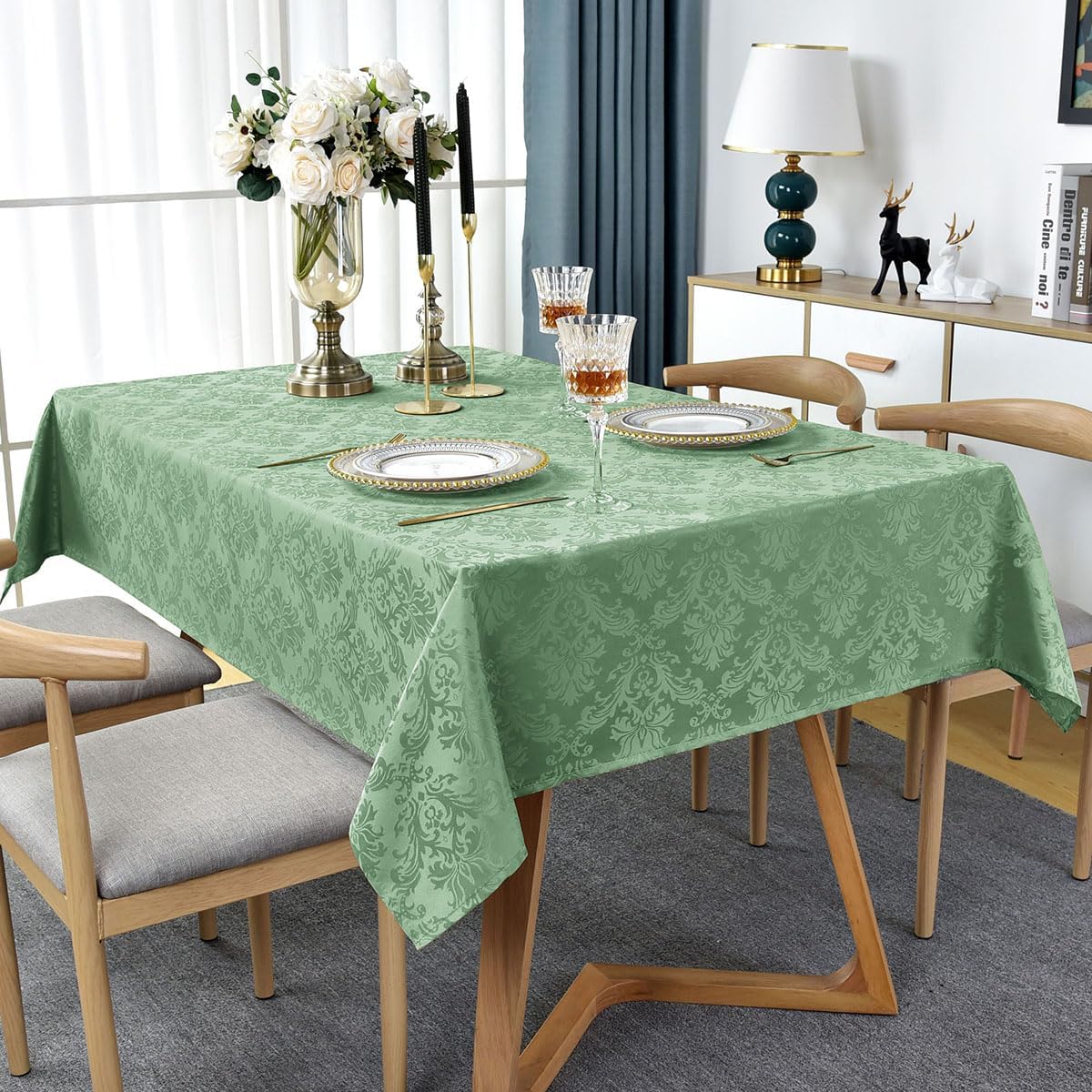 Flower Jacquard Rectangle Tablecloth 52 x 70 Inch Waterproof Wrinkle Free Washable Damask Table Cloth, Heavy Fabric Table Cover for Dining, Party, Indoor, Outdoor, Sage Green