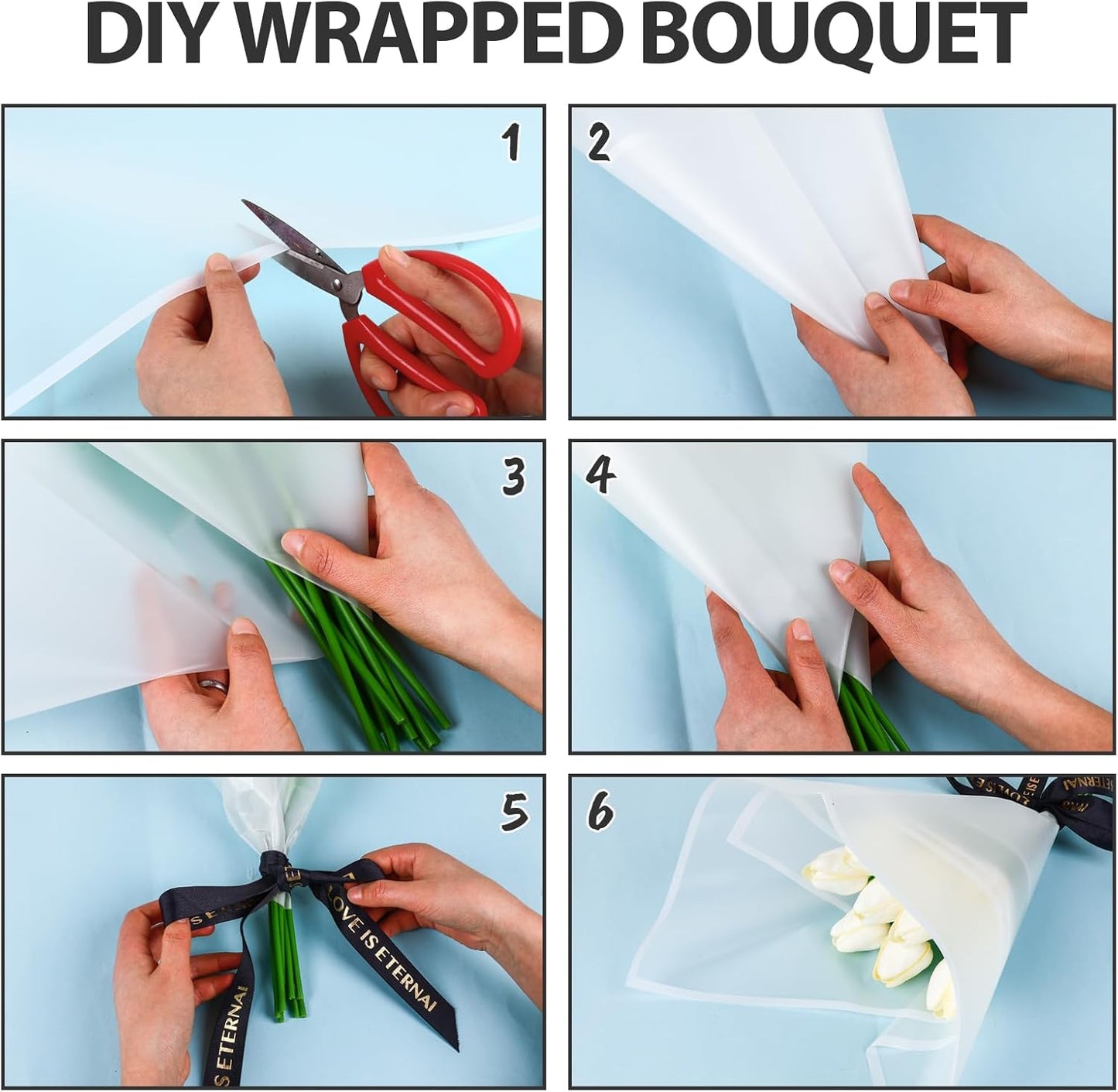 NESCCI 200 Sheets Flower Wrapping Paper - Waterproof Florist Bouquet Paper,70Ft Satin Ribbon, 36 Pcs 3D Butterflies 100 PCS Flower Pins for Wedding Birthday Gift DIY(Translucent Multicolored)