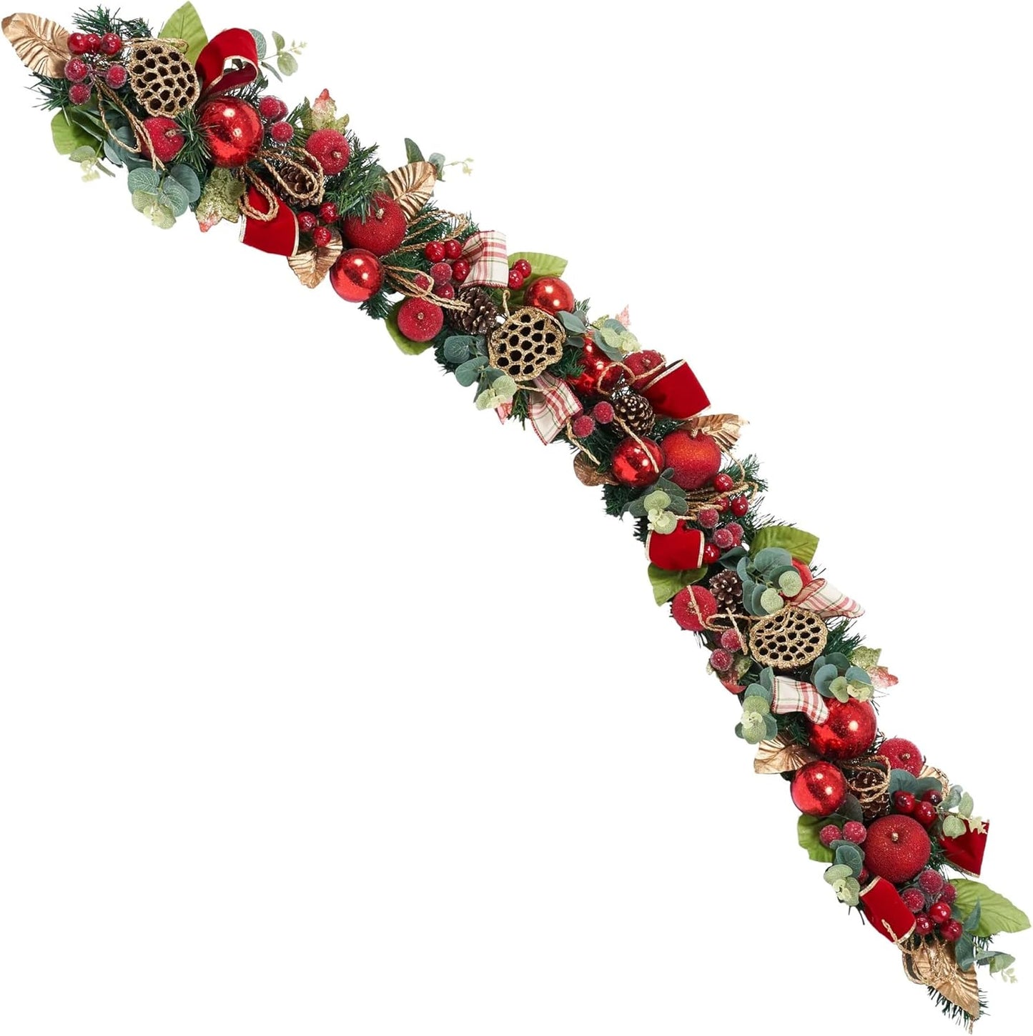 5 ft Christmas Garland for Mantle for Stairs Railing, Banister, Staircase, Fireplace, for Table No Light, Garland Decor Frosted Red Poinsettia Holiday Tree (Red Plain Lotus Pod Garland)