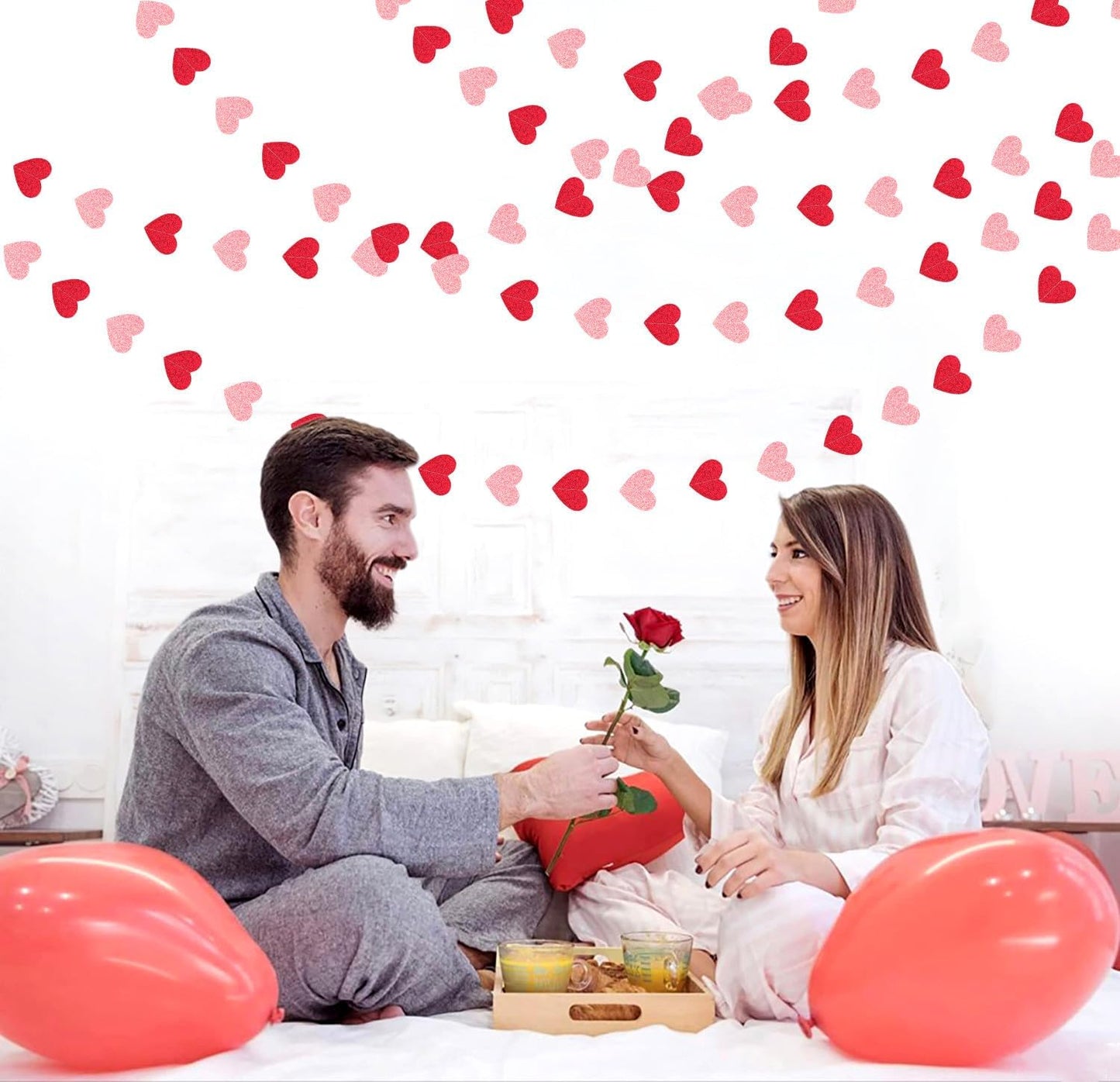 Red Pink Party-Decorations Heart Garland - 52ft Streamers Paper Banner,Proposal Anniversary Romantic Birthday Baby Shower Rustic Wedding Hanging Ornaments Decor Hugfond