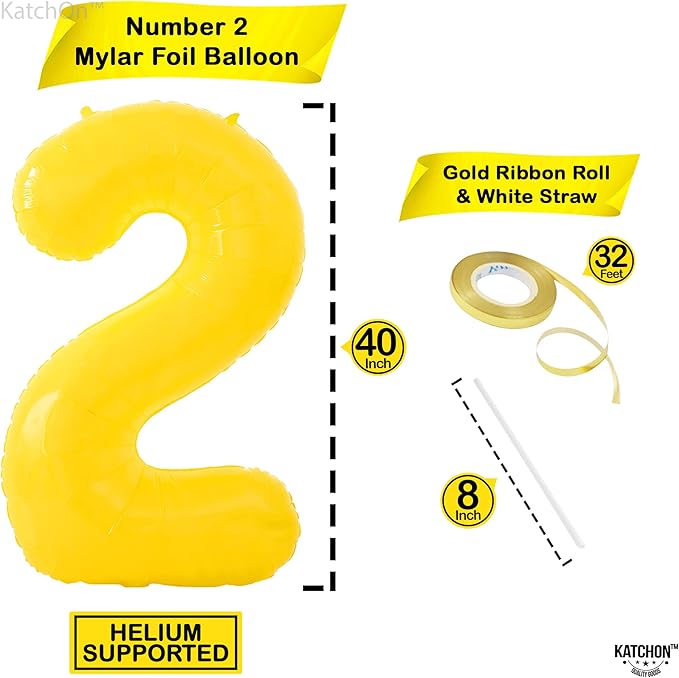 KatchOn, Giant Yellow 2 Balloon Number - 40 Inch | Two Birthday Balloons for 2nd Birthday Decorations | 2 Year Old Balloon, Party Decor | Anniversary Supplies, 2nd Bday Party Decorations