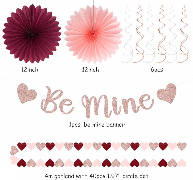 Pink Burgundy-Red Valentines-Day Galentines Party-Decorations - 22pcs Be Mine Love Banner,Wine Red Paper Lanterns Honeycomb Balls,Tissue Pom Poms Flowers Fans,Happy Anniversary Decor Hugmoon