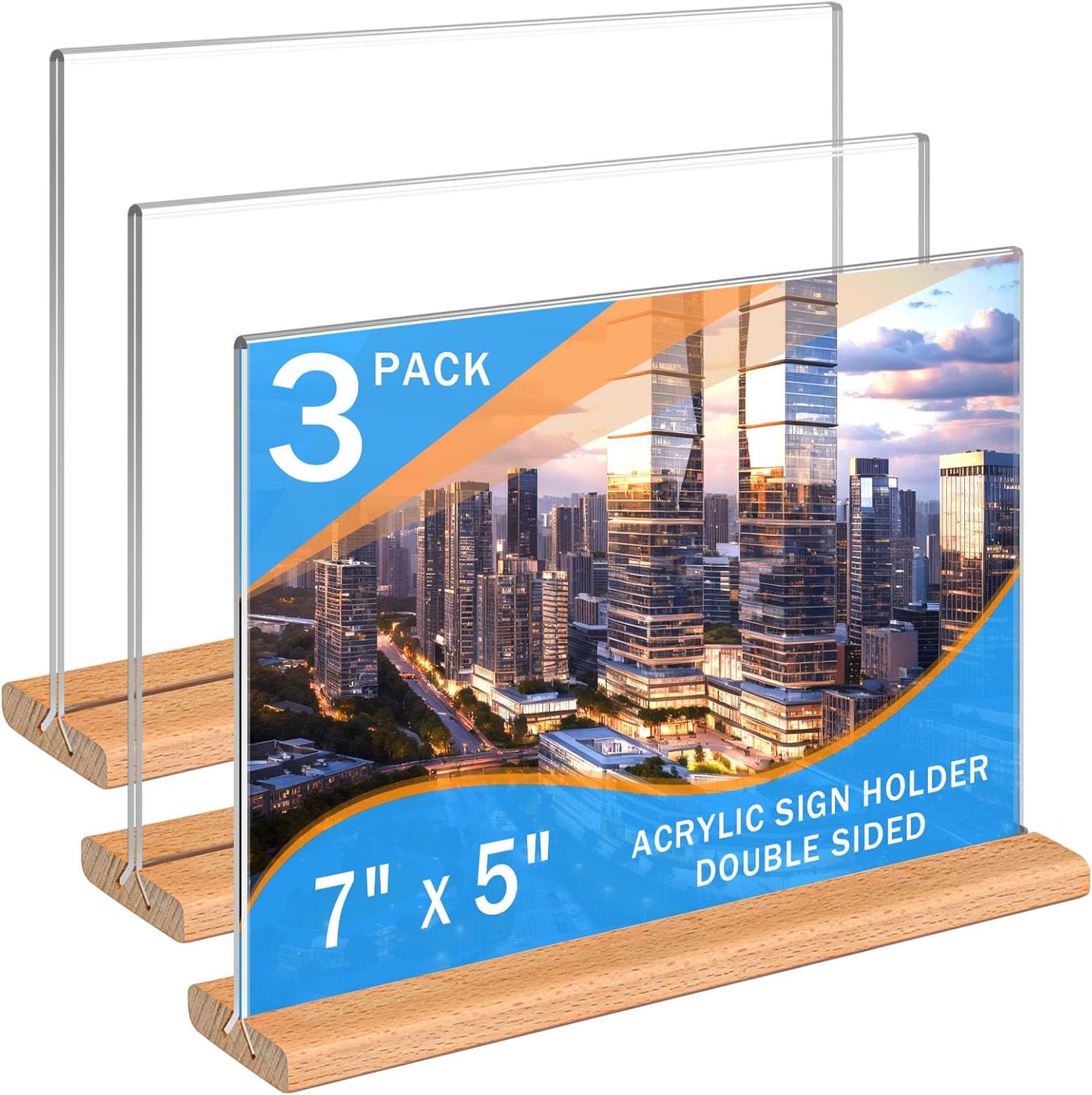Kersally Acrylic Sign Holder 7 x 5'', 3 Pack Double-Sided Clear Table Display Stands with Wood Base,Horizontal Acrylic Frame Menu Flyer Paper Holder for Store, Restaurant, Hotel, Office, Show Fair