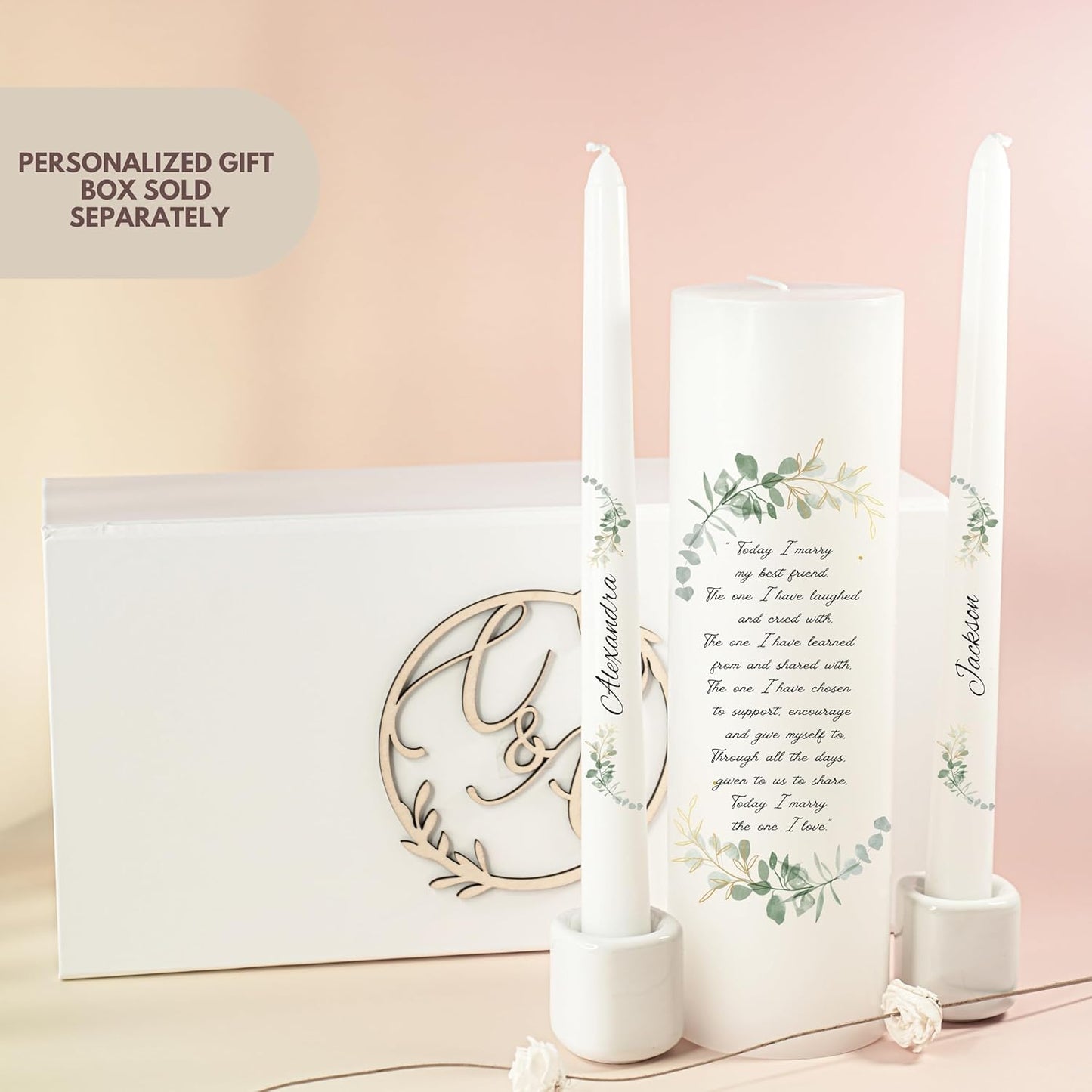 Unity Candles for Wedding, Modern Unity Set, Custom and Personalized Taper Candles with Bible Quote, Unscented White Premium Wax, Religious and Wedding Ceremony, Special Events (Custom Names)