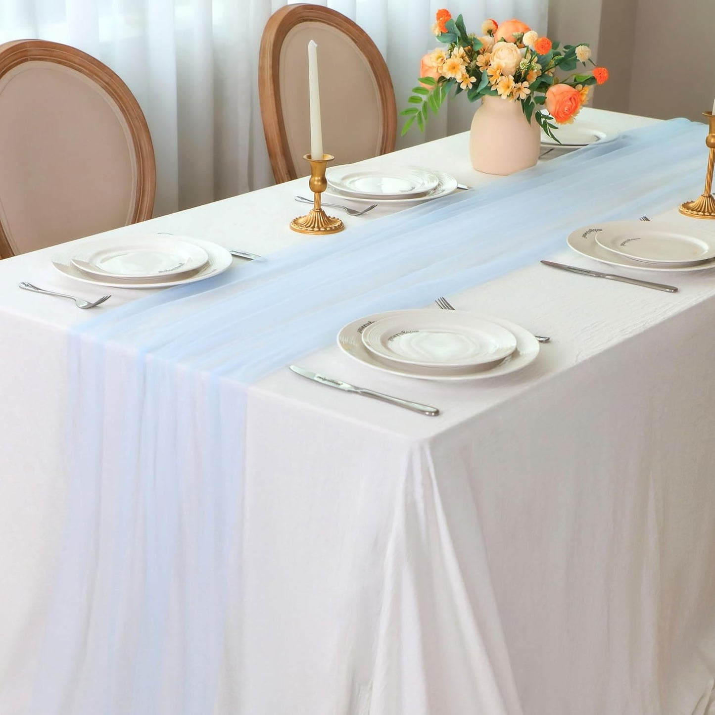 Snowkingdom Light Blue Cheesecloth Table Runner 10FT, Baby Blue Sheer Tulle Gauze Runner 120 Inch, Rustic Boho Party Table Decoration for Wedding Bridal Baby Shower Birthday Christmas Winter Holiday