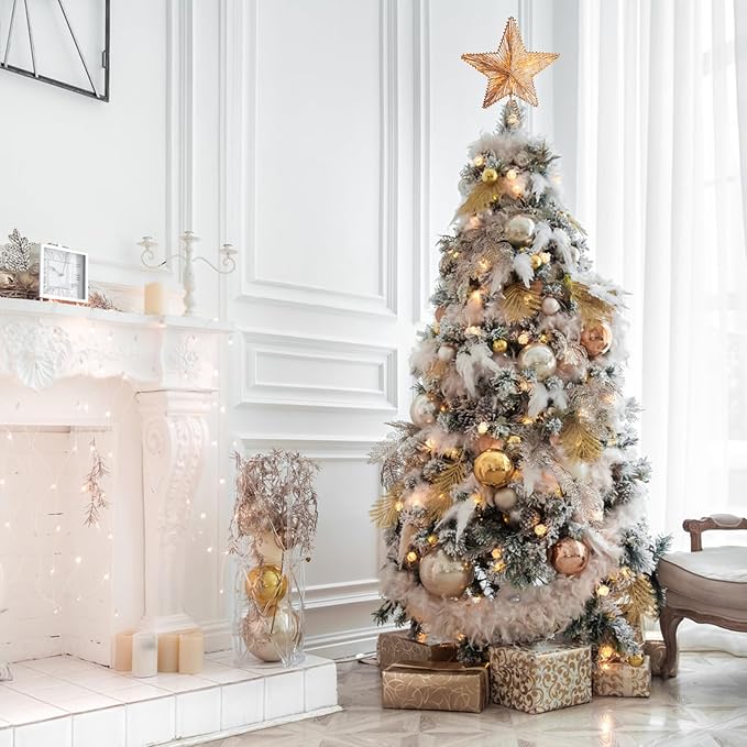 Christmas Tree Topper 10" Golden Glittered Star Tree Topper with 30 LED Lights Xmas Tree Topper Star for Xmas Decorations Ornaments Holiday Party Indoor Decor