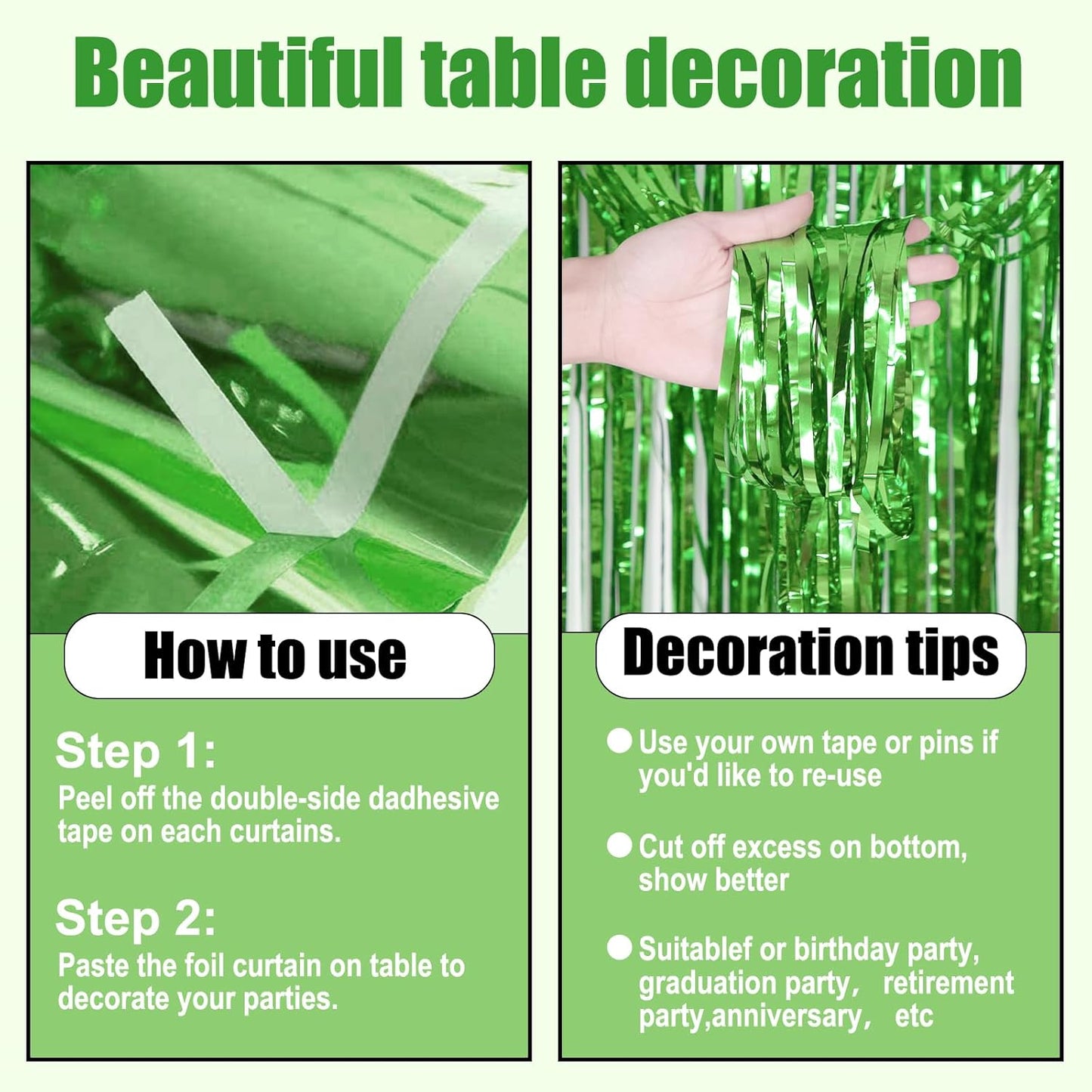 3 Pack 29 x108 Inch Light Green Foil Fringe Table Skirts Metallic Banner for Tinsel Streamer Garland Backdrop for Parade Floats Wedding Thanksgiving Birthday Christmas New Year Party Decoration