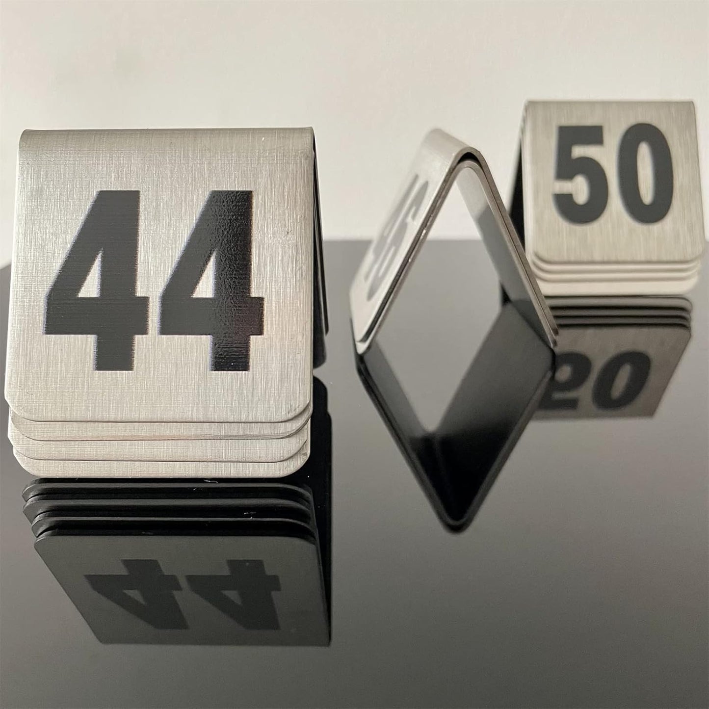 10 Pcs Metal Place Cards Stackable Tent Style Table Numbers，Place Card Holders for Celebration Wedding Party Restaurants Cafes Bars Gatherings meeting Room Board Game Serial (Small 41-50, Black)