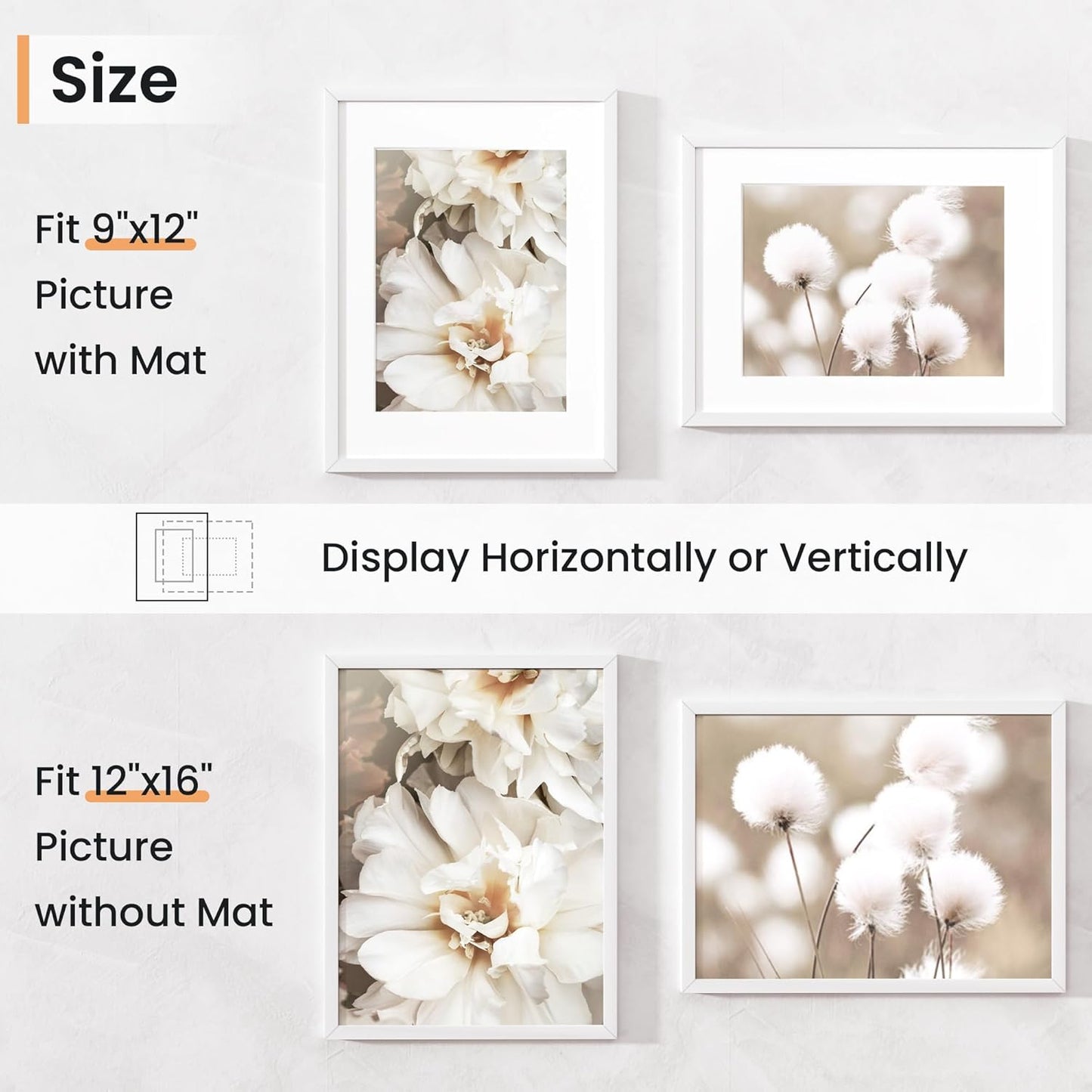 12x16 inch Picture Frame, 12x16 Photo Frames with 8.5x11 Removable Mat - High Definition Plexiglass - Vertical and Horizontal Display - Wall Hanging Frame - White, 3 Pack