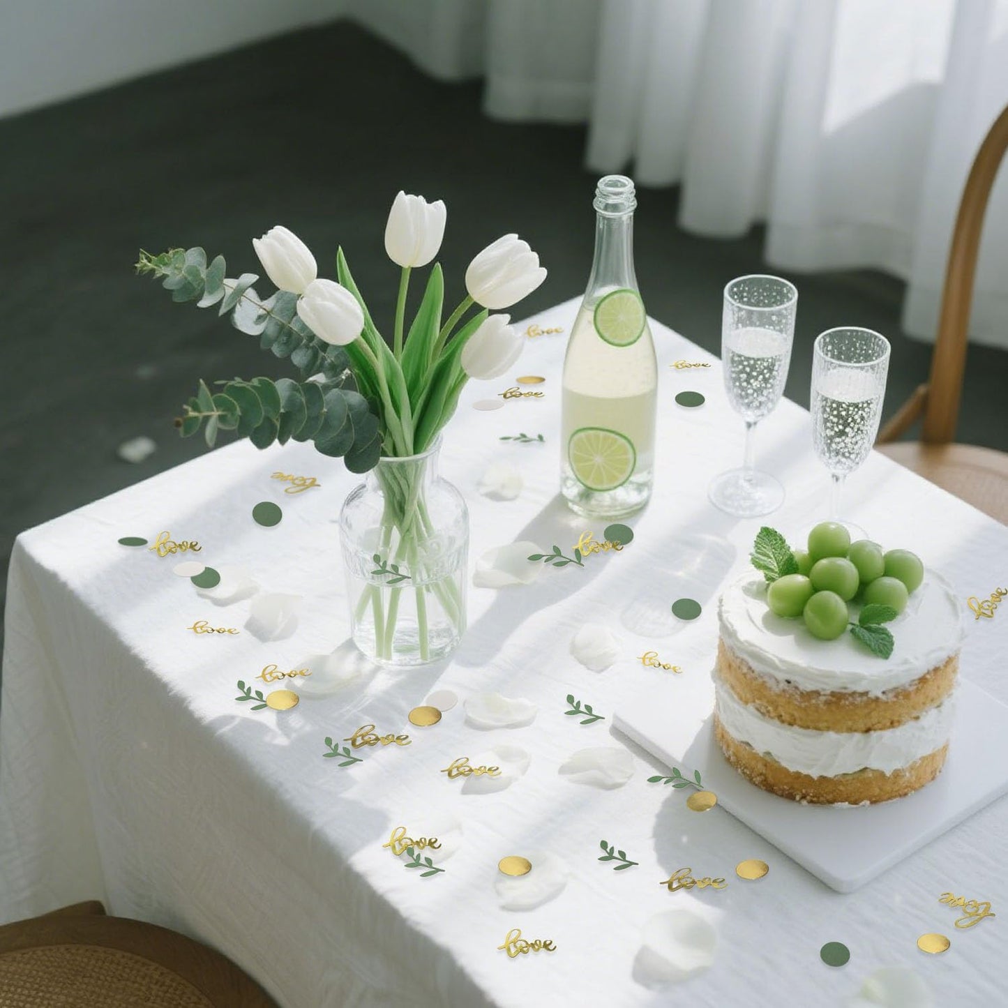 200 Pcs Gold Glitter Wedding Table Confetti, Greenery Eucalyptus, Bridal Shower Decorations, Gold Love Confetti, Engagement Party Scatters