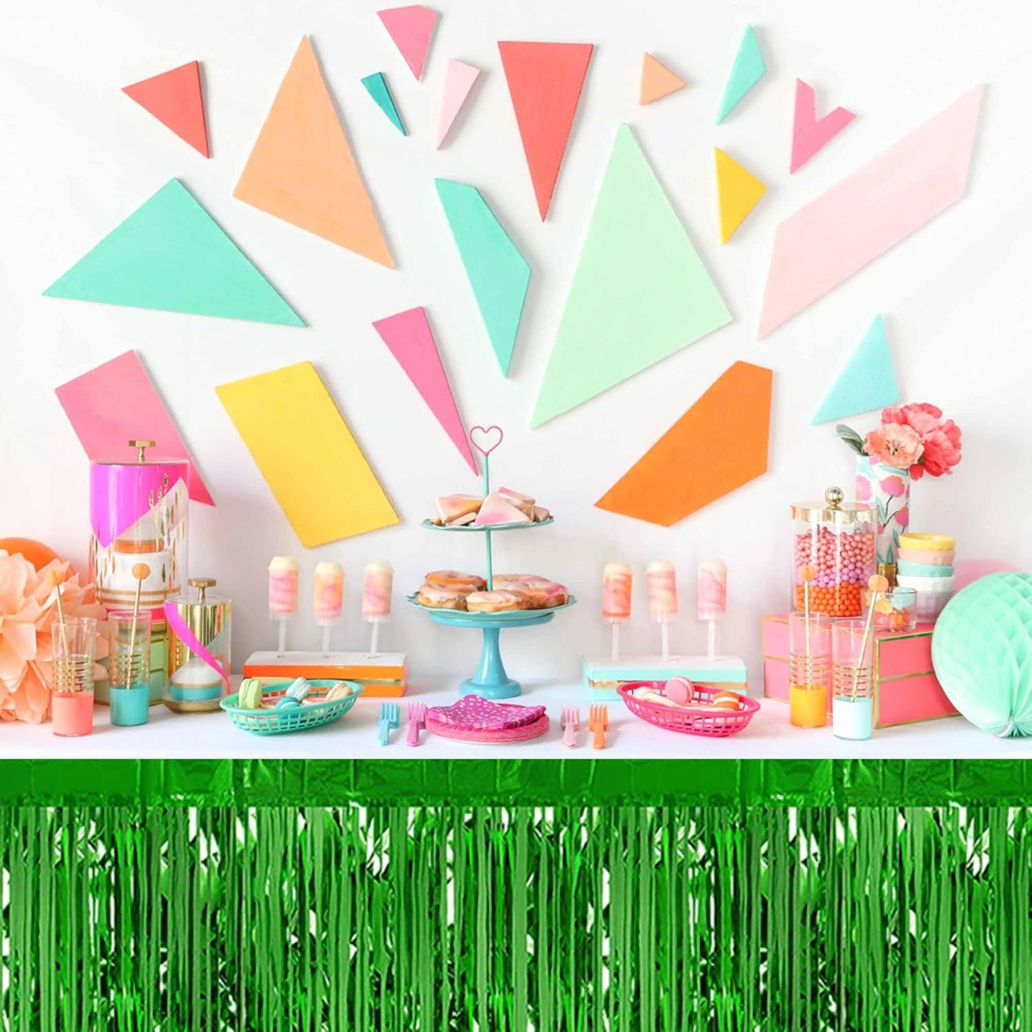 3 Pack 29 x108 Inch Green Foil Fringe Table Skirts Metallic Banner for Tinsel Streamer Garland Backdrop for Parade Floats Mother's Day, Graduate, Birthday, Wedding Party Decoration