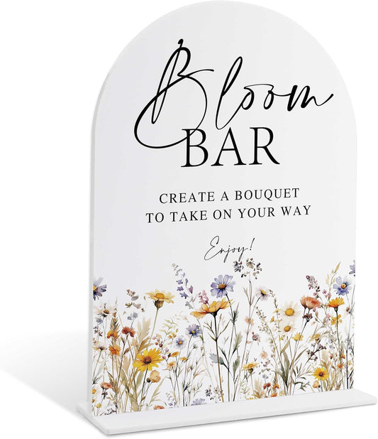 Wedding Signs for Ceremony and Reception, Boho Floral Acrylic Bloom Bar Sign, Wedding Signage with Stand, Bridal Shower Table Centerpieces, Bloom Bar Supplies for Engagement Reception Event Party, 20