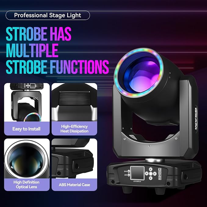 MINGJIE 300W Moving Head DJ Lights, 48-Facet Prism Stage Lighting with 15 Gobos & 15 Colors, DMX512 Sound Activated LED Beam Spot for Wedding, Bar, Party, KTV, Stage Show (1 Pack = 2PCS)