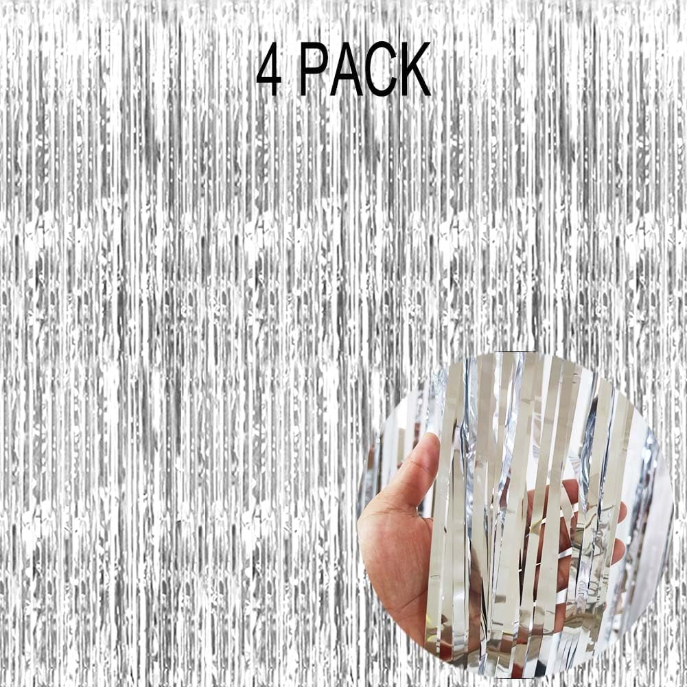 4 Pack Silver Foil Fringe Curtain - Silver Tinsel Streamer Backdrop Curtains for Birthday Party Decorations