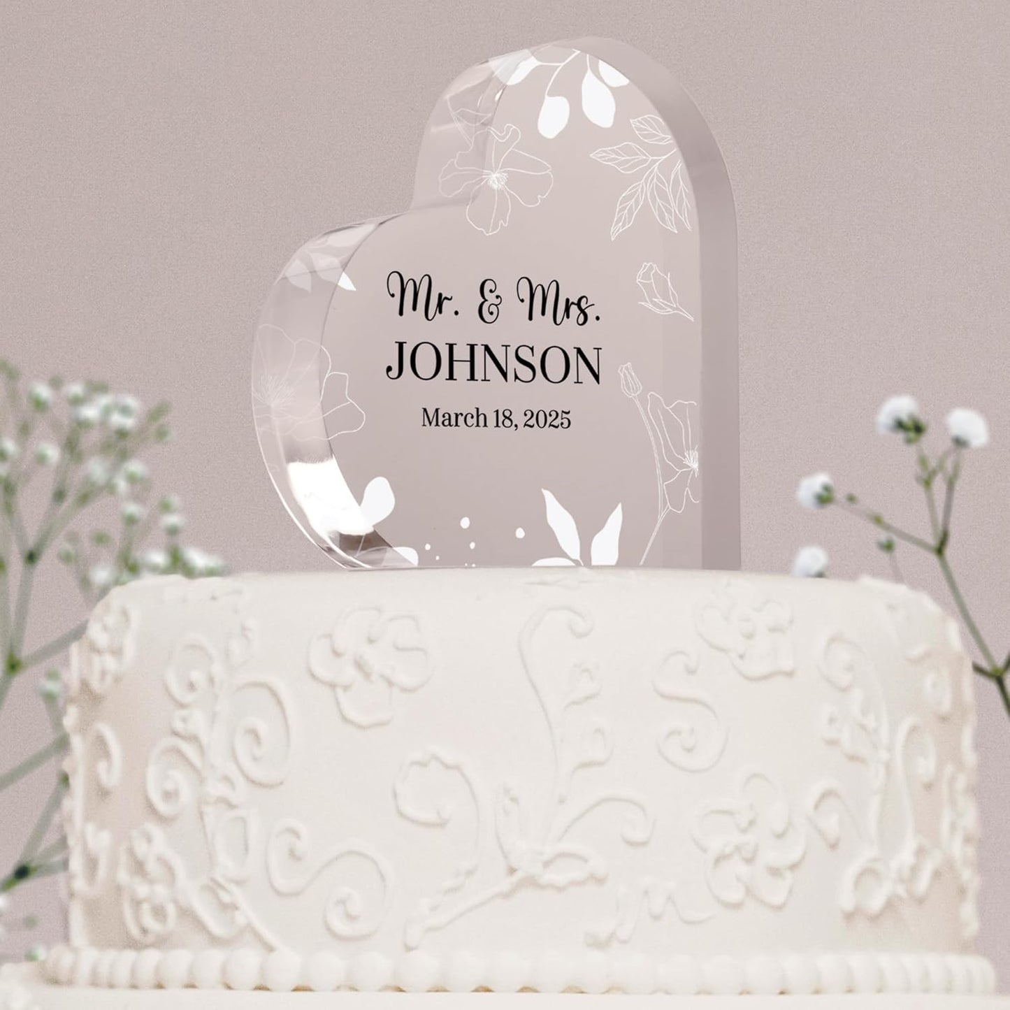 Personalized Wedding Heart Acrylic Block Mr & Mrs Cake Topper, Custom Wedding Keepsake Bride & Groom