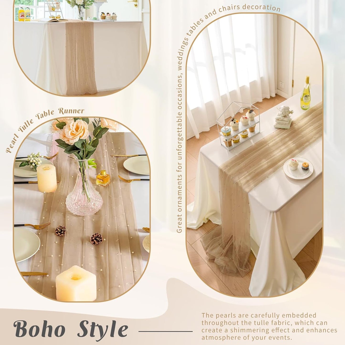 Pearl Table Runner 29 x 120 Inch Tulle Fabric Lace Table Runners Boho Rustic Tablecloth for Bridal Shower Birthday Party Wedding Arch Aisle Veil Dessert Table Decor(1 Pack, Nude)