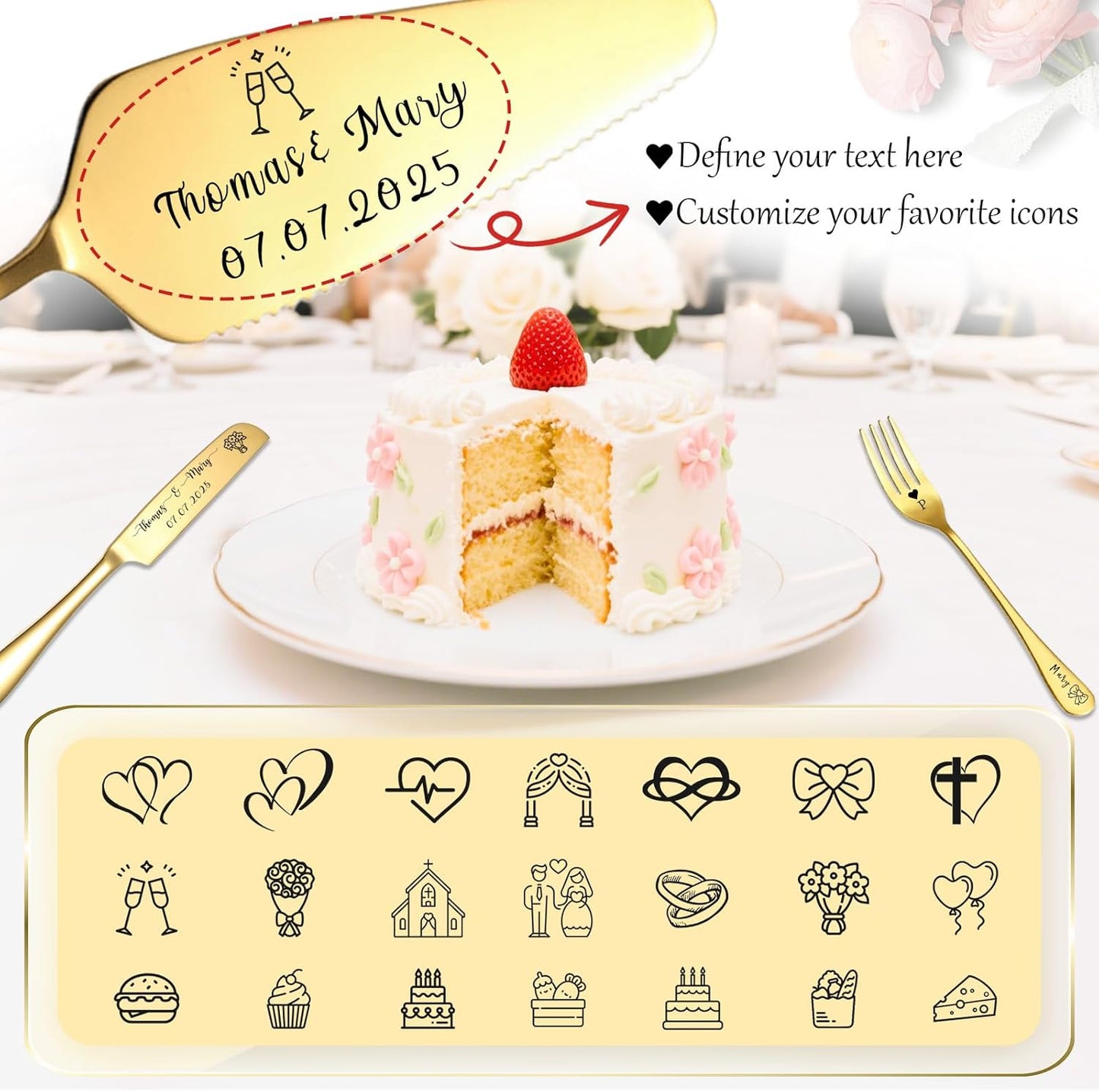 Custom Wedding Cake Knife and Server Set Personalized Cake Cutter with Engraved Text Bridal Cake Cutting Set with Gift Box for Weddings Anniversary Birthday (Gold - with fork)
