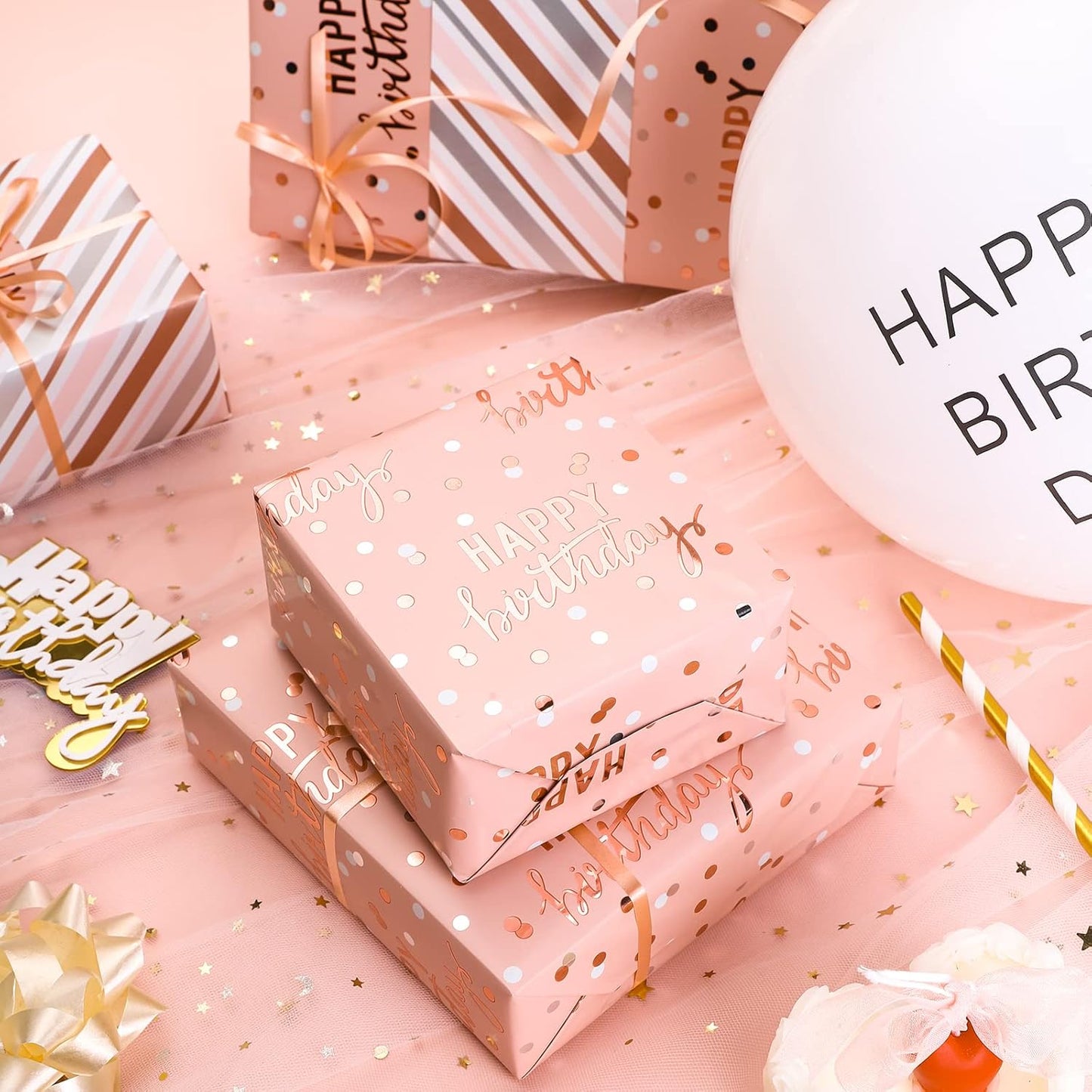 LeZakaa Reversible Pink Birthday Wrapping Paper Roll for Girls Women, Happy Birthday Lettering & Stripe Pattern with Metallic Foil in Pink, Large Roll, 30 inches x 32.8 Feet (92.9 sq.ft.)