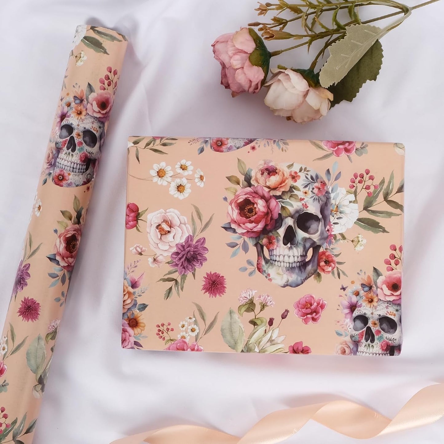 Aimyoo Gothic Wrapping Paper Roll, 17 Inch X 16.5 Fee Skull Floral Berry Design Gift Wrap Paper for Mother's Day, Birthday Bridal Shower