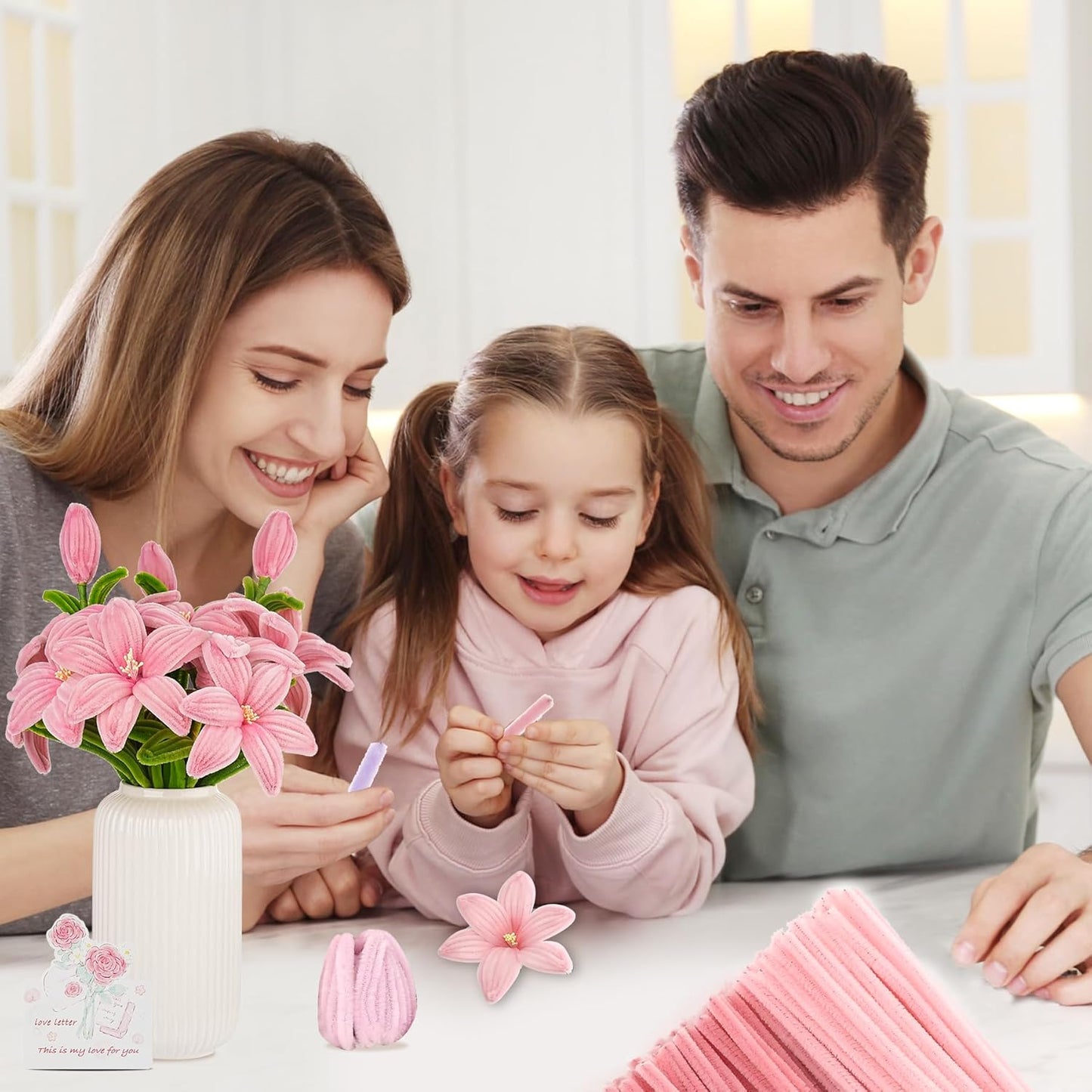 400 Pcs Soft Craft Pipe Cleaners Flowers,4 Colors Chenille Stems Bulk with Floral Wires,Tape,Greeting Card,Bouquet Paper,Hot Glue Stick,Stamen & Ribbon, Holiday Gifts for Women,Men,Teens,Elder