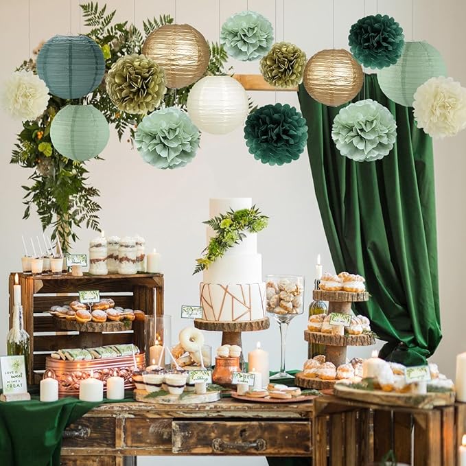 Sage Green Party Decorations, Paper Lanterns and Pom Poms Flowers for Birthday Party Baby Shower Wedding Shower Decor Gold/Ivory/Sage Green 15pcs