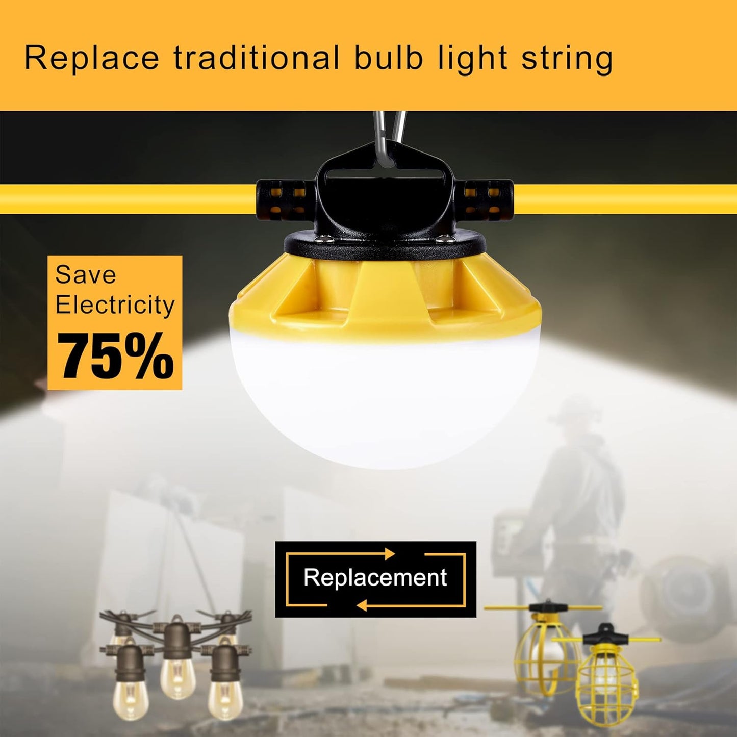 3-Prong 100FT Construction String Lights, IP65 Waterproof ETL Certified String Work Lights, 5000K Daylight 18AWG Wire Linkable Temporary Construction Lighting for Jobsite with 10 Bulbs & Hooks