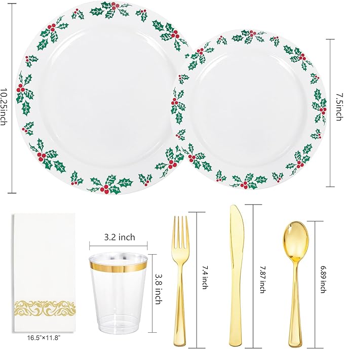 FLOWERCAT 175 PCS Christmas Plates set & Holly Berry Plates - Christmas plates disposable Include 50 Christmas Plastic Plates,25 forks, 25 knives, 25 spoons, 25 napkins Ideal for Xmas Party