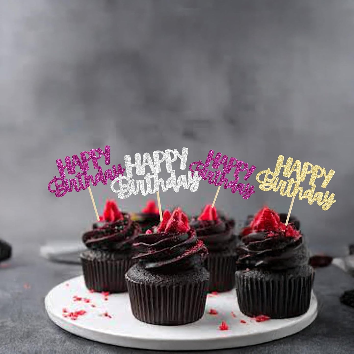 Gyufise 24Pcs Happy Birthday Cupcake Toppers Glitter Birthday Cupcake Food Picks for Celebrating Hunter Theme Party Cake Decorations Supplies Purple Gold Silver
