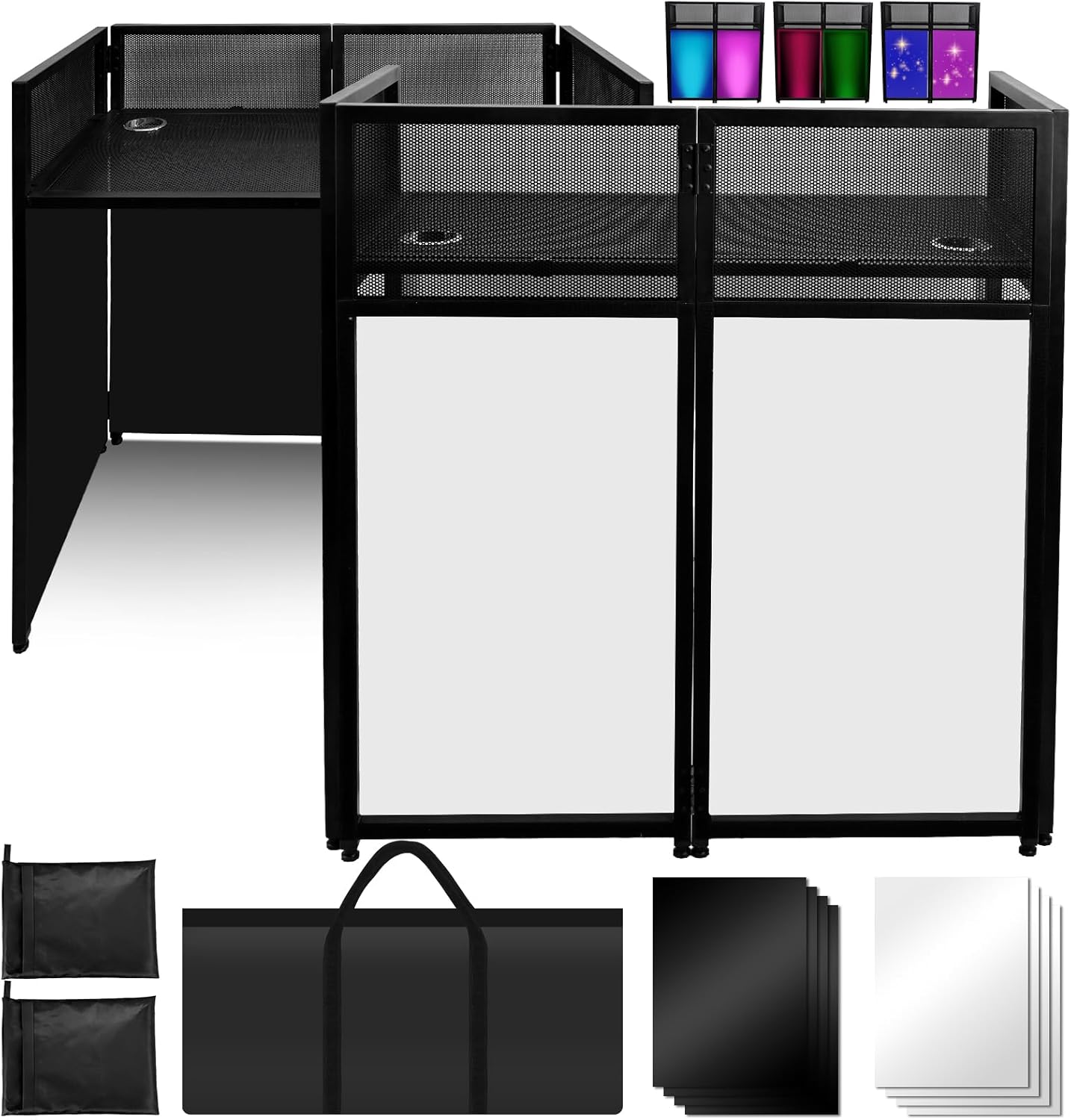 Portable DJ Booth 40" x 20", DJ Facade Table with Black/White Light Scrims, Foldable DJ Stand for Laptop and Controller,with Carry Bag, Cable Hole, Perfect for Bars, Clubs, Party, Private Events