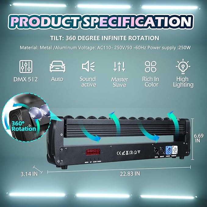 360° Moving Head DJ Lights 250W Beam Curtain & Strobe Stage Lights Bar 12x10W RGBW 4in1 DMX512/Sound/RDM Professional DJ Stage Props for Party Live Show Wedding - 1 Pcs