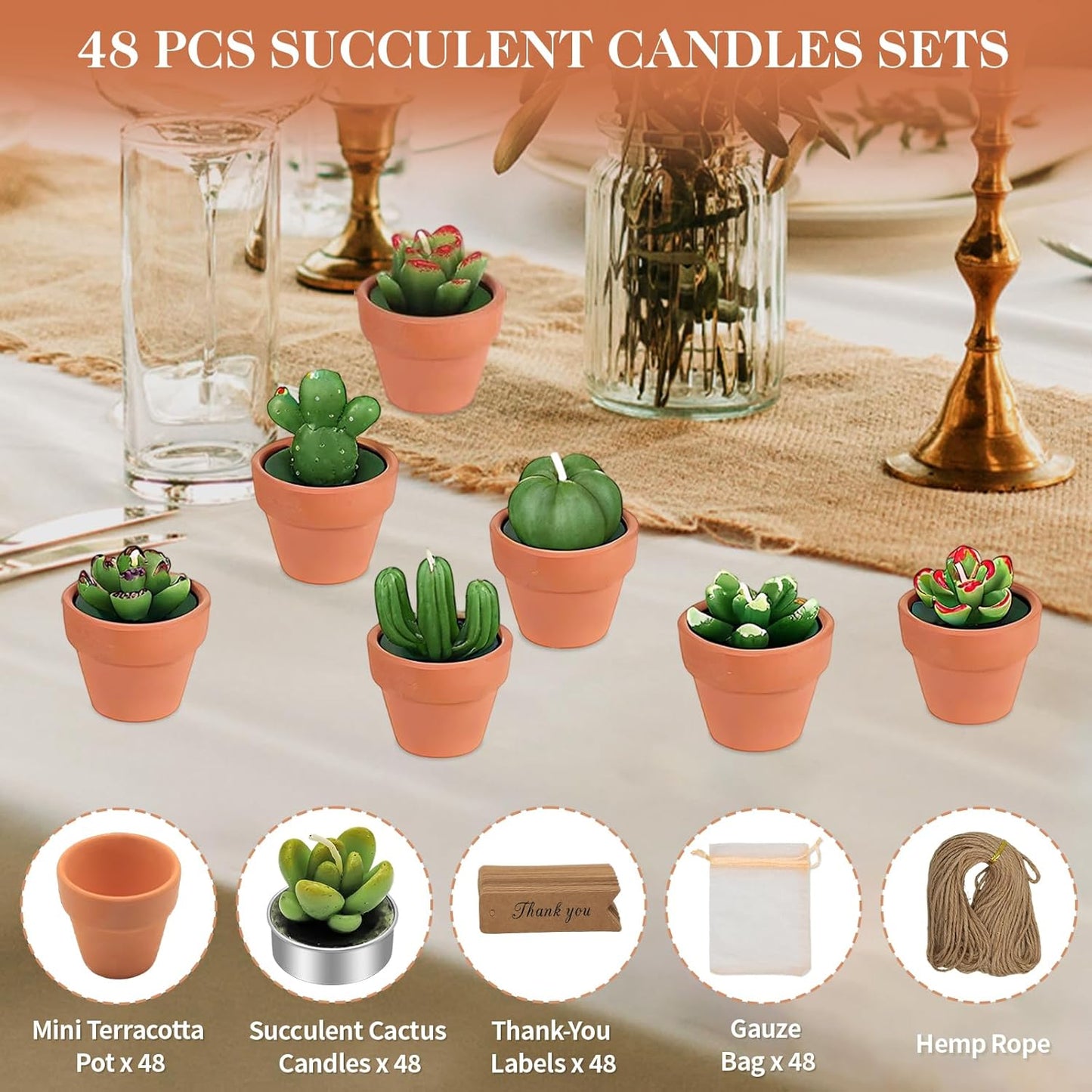 AZEAM 48 Pcs Succulent Candles Party Favors, Bulk Cactus Table Decor with Mini Terracotta Holders, Tiny Handmade Plant Tealights Candle Decoration for Baby Shower Bridal Game Wedding Home Birthday