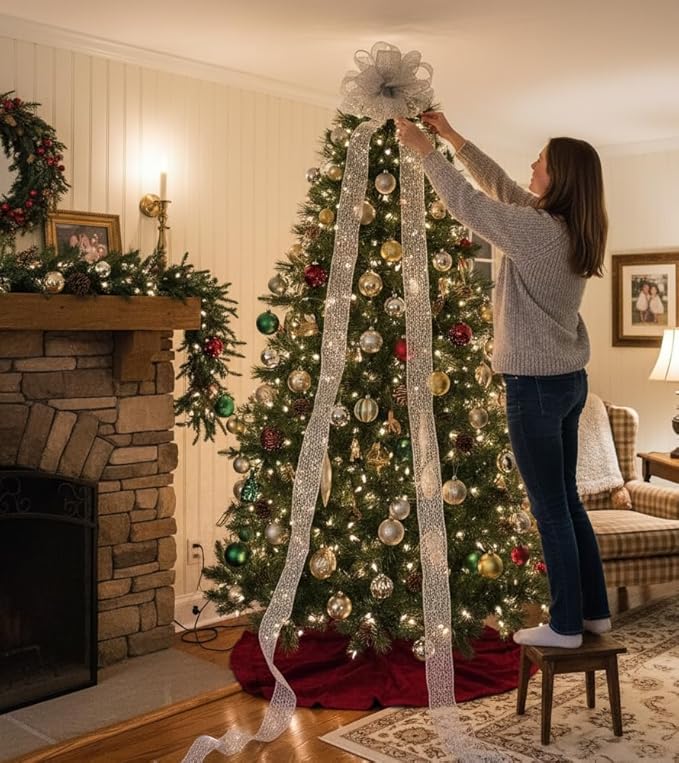 CT CRAFT LLC Silver Glitter Mesh Christmas Tree Topper Bow 11" with 4 Ribbon Streamers x 3 Yards Long Each for Holidy Elegant Fancy Home Décor Indoor