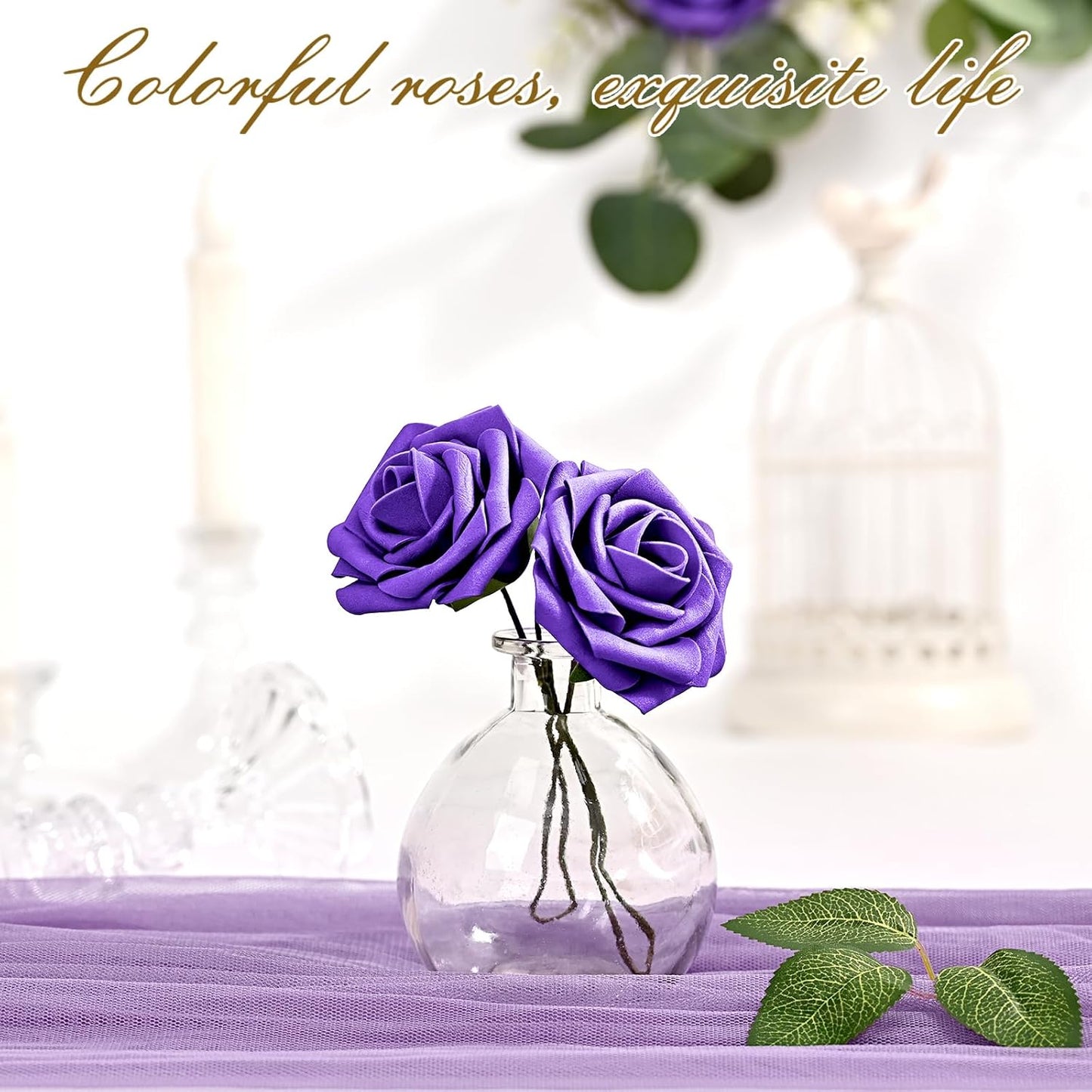 BLEUM CADE 36Pcs Artificial Flowers Fake Roses with Stems, Deep Purple Boxed Foam Roses for DIY Bouquets Centerpieces Wedding Party Arrangement Bridal Shower Decor