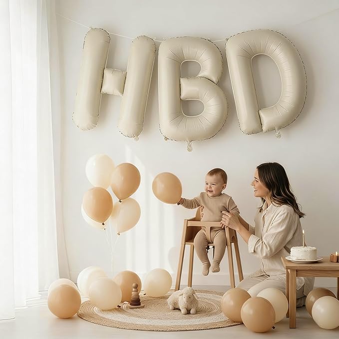 40 Inch Cream HBD Balloons for Boho Birthday Party Decorations, Giant Beige HBD Letter Foil Mylar Balloon Banner Helium Supported, Ivory White Sand Neutral Happy Birthday Sign for Girls Women Boys Men