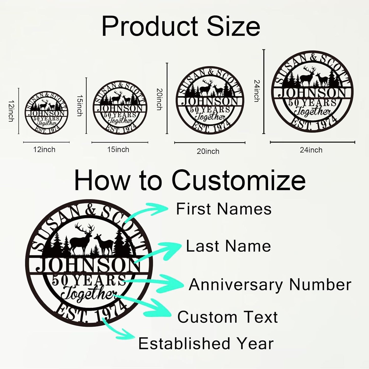 Personalized Christmas Gifts 2025, Custom 50th/40th/60th/70th/30th/1-99 Years Wedding Anniversary Sign Gifts for Couples Parents, Custom Metal Monogram Sign Personalized Family Name Signs (Deer)