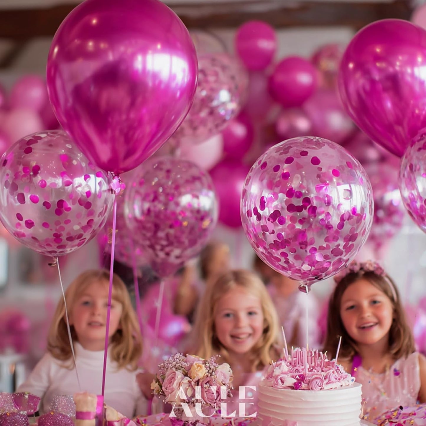 AULE Party Balloons Pack of 42 - Metallic Chrome Hot Pink Balloons and Hot Pink Confetti Latex Helium Balloons With 64ft Ribbons - 12 Inch Balloon Decoration Set