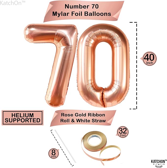 KatchOn, Large Rose Gold Number 70 Balloon - 40 Inch | Foil Number Balloon With Confetti For 70th Birthday Decorations | Balloon 70 Balloon For Anniversary Decorations | Rose Gold Party Decoration