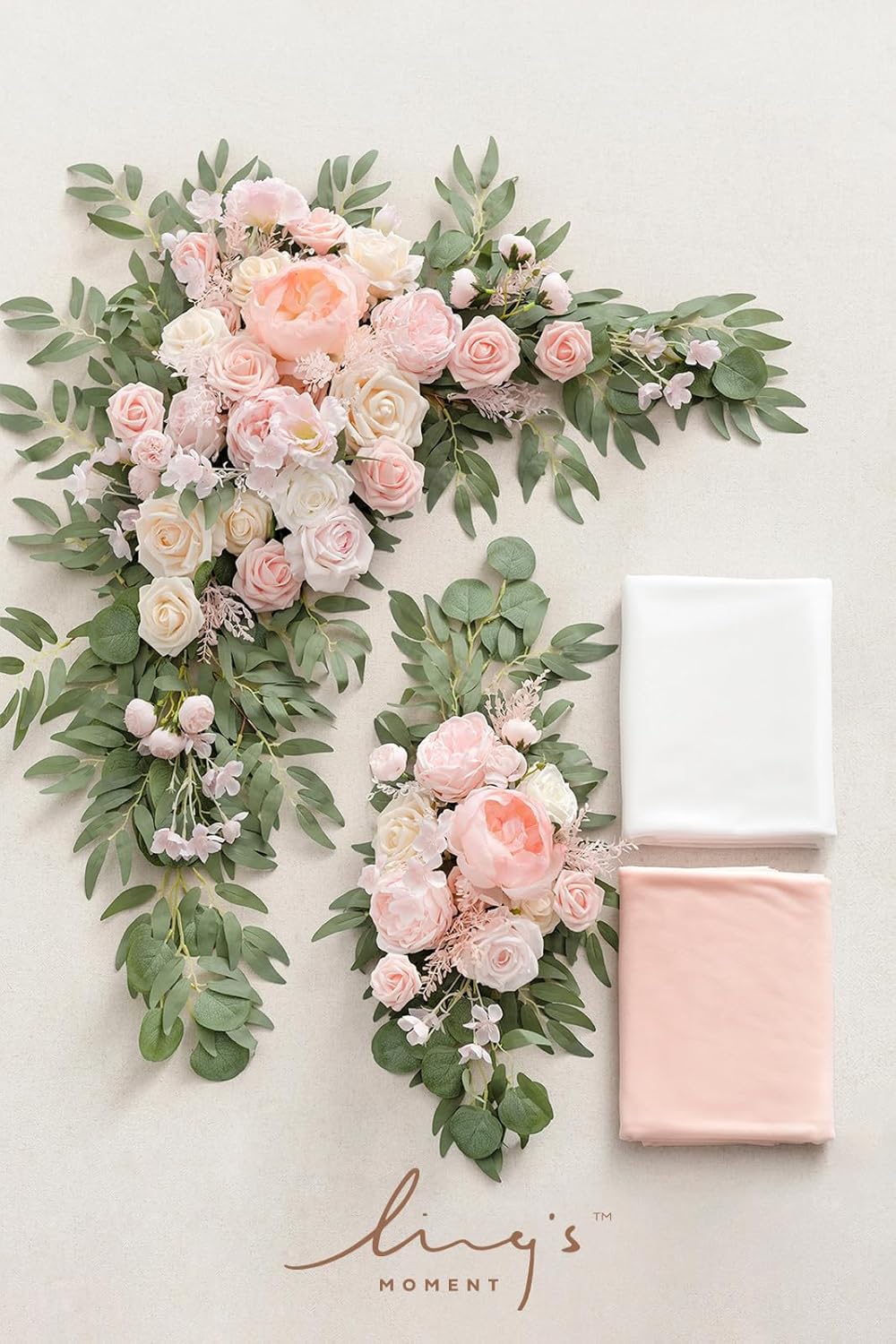 Ling's Moment Pink White Artificial Wedding Arch Flowers Kit Pack of 4, 2pcs Hanging Flower Arrangement 2pcs Chiffon Drapes Ceremony Reception Silk Rose Arbor Backdrop Floral Garden Outdoor Decoration