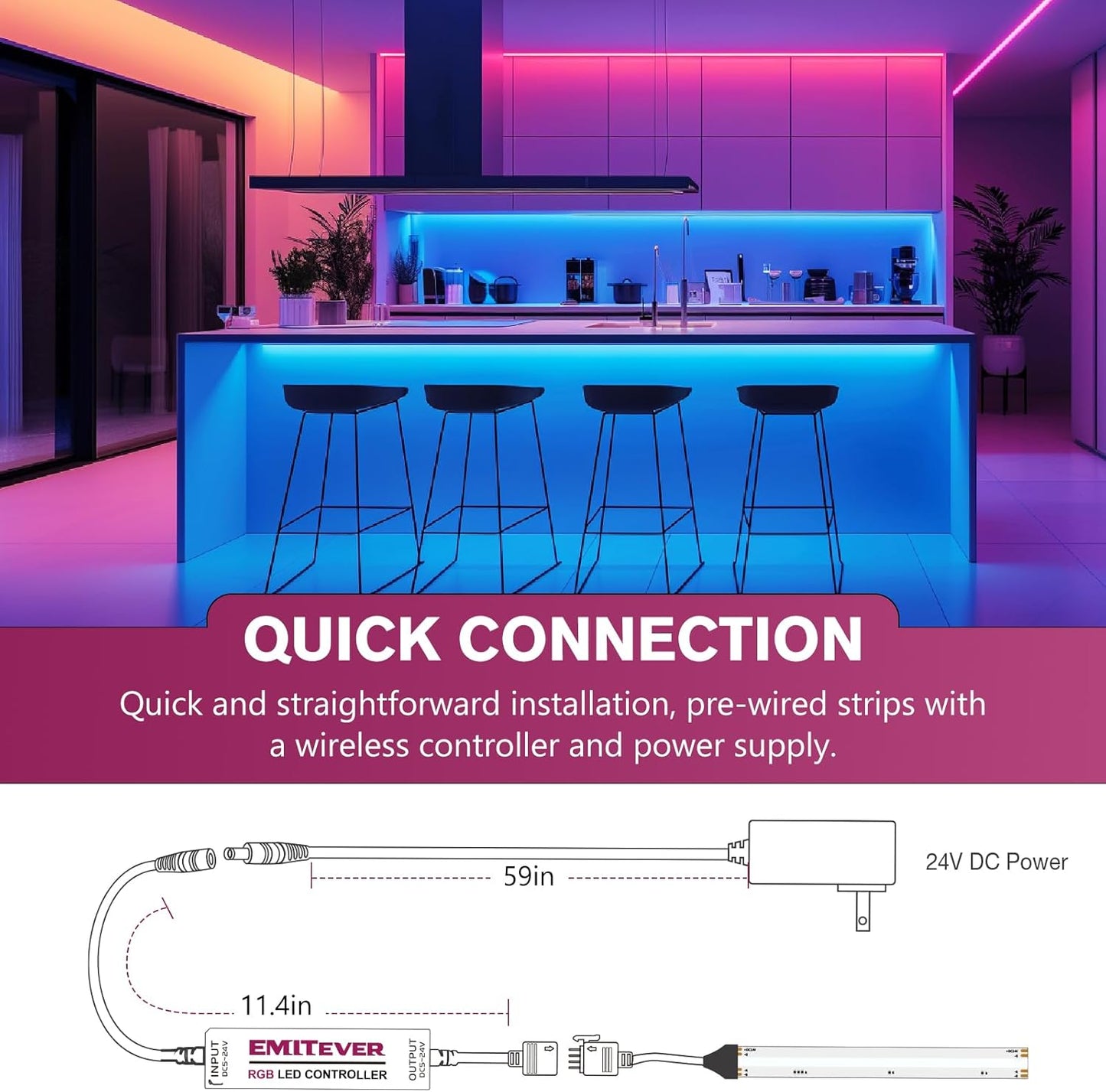 EMITEVER RGB LED Strip Light 16.4ft, Dimmable COB 24V Flexible LED Color Changing Tape Light Kit with Remote, High Density 3150LEDs for TV Backlight, Bedroom, Bar, Party Christmas Decoration