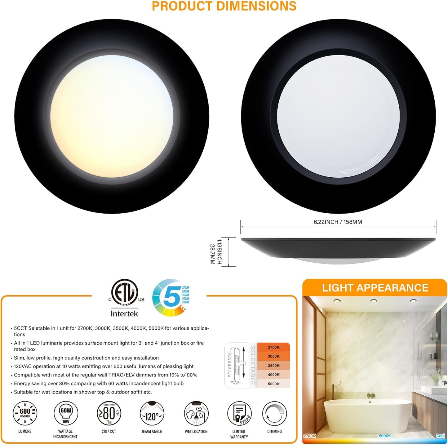 20 Packs 4 Inch Black LED Low Profile Recessed & Surface Mount Disk Light, Round, 10W, 600 Lumens, 5CCT Field Selectable, CRI80, DOB Design, Dimmable, ETL Listed