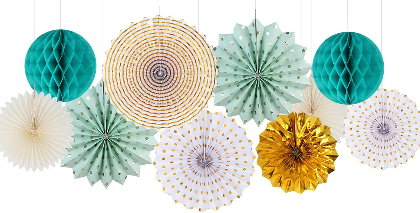 Teal-Gold Sage Green Party-Decoration - 33pcs Kits Tissue Pom Poms Honeycomb,Banner,Streamers Tassel Garland,Paper Lantern Fans,Wedding Engagement Bachelorette Birthday Baby Bridal Shower Decor Hugtmr