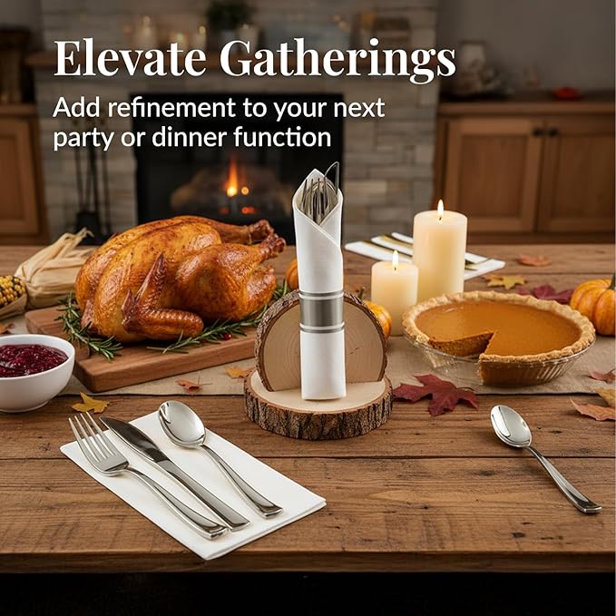 Prestee 25 Plastic Silverware Set, Pre-Rolled - 100pc Disposable Flatware with Forks, Knives, Spoons and White Napkins - Dinner Utensil Sets for Catering Supplies Buffet Display, Parties and Weddings