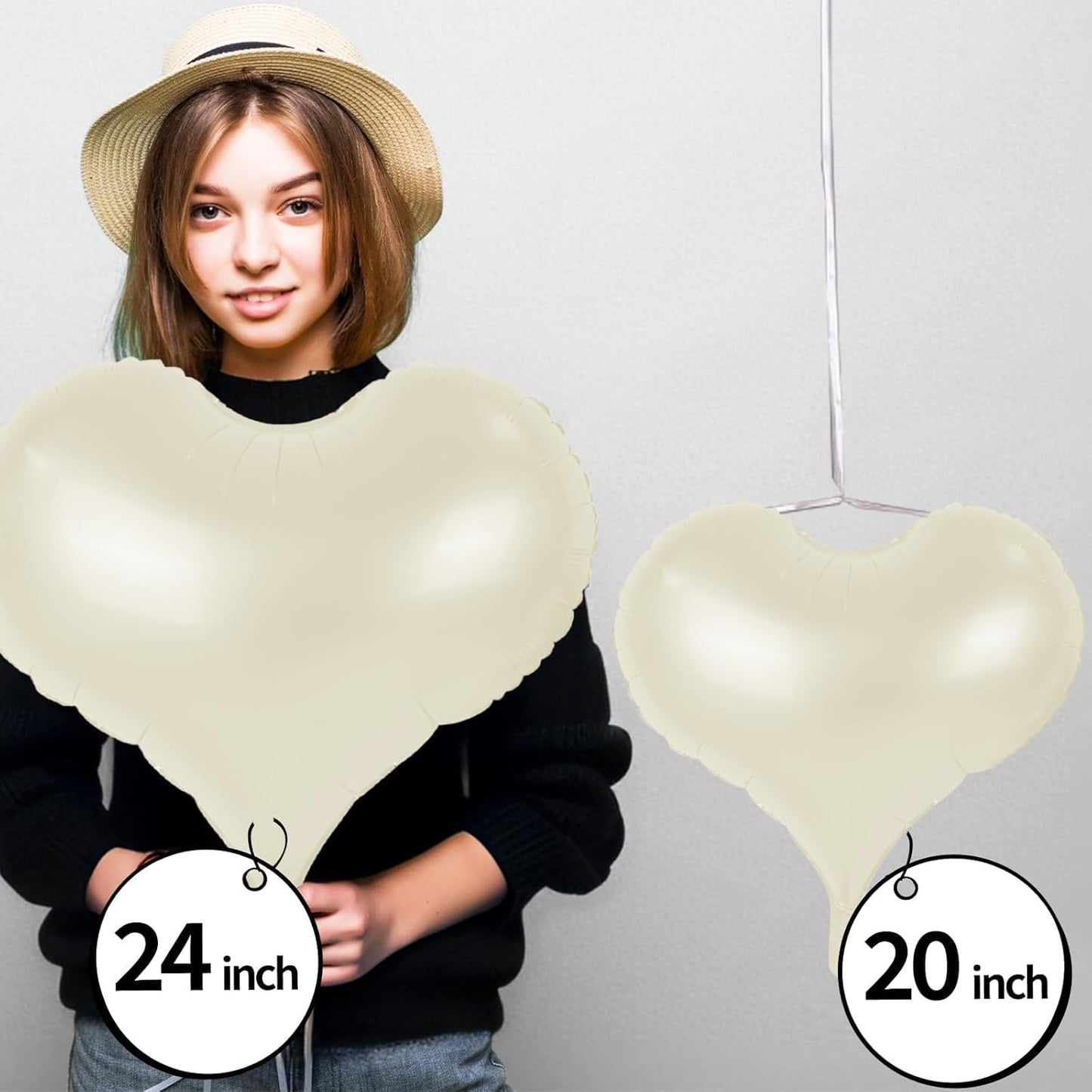 24 Inch Cream White Heart Balloons, Cream Heart Shaped Foil Balloons, Nude Helium Balloon for Boho Neutral Valentines Day Bridal Shower Anniversary Wedding Birthday Party Decorations