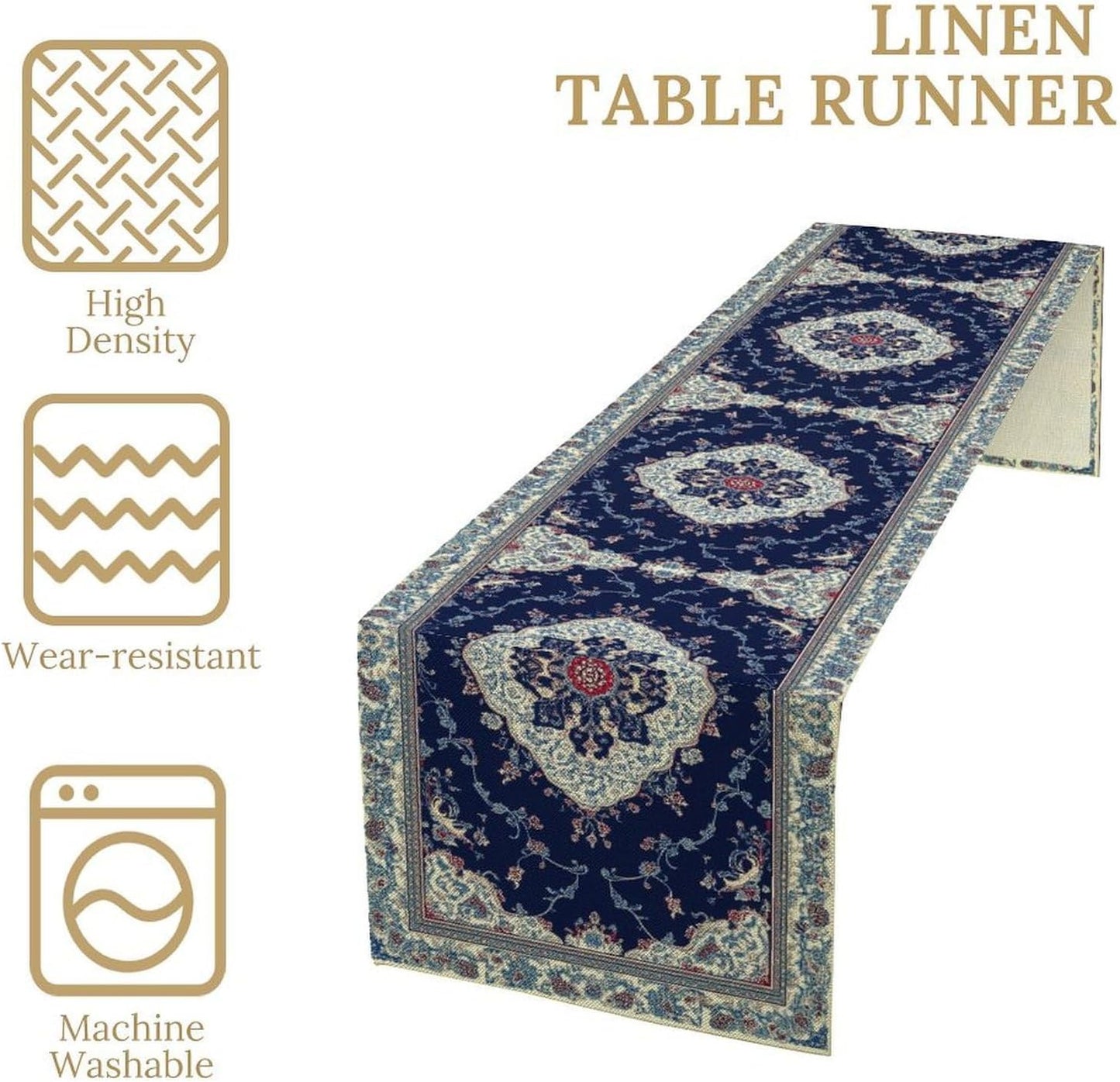 Elegant Palace Boho Blue Table Runner Vintage French Style Farmhouse Geometric Home Farmhouse Kitchen Table Dining Coffee Room Garden Party Wedding Decor 13x120in