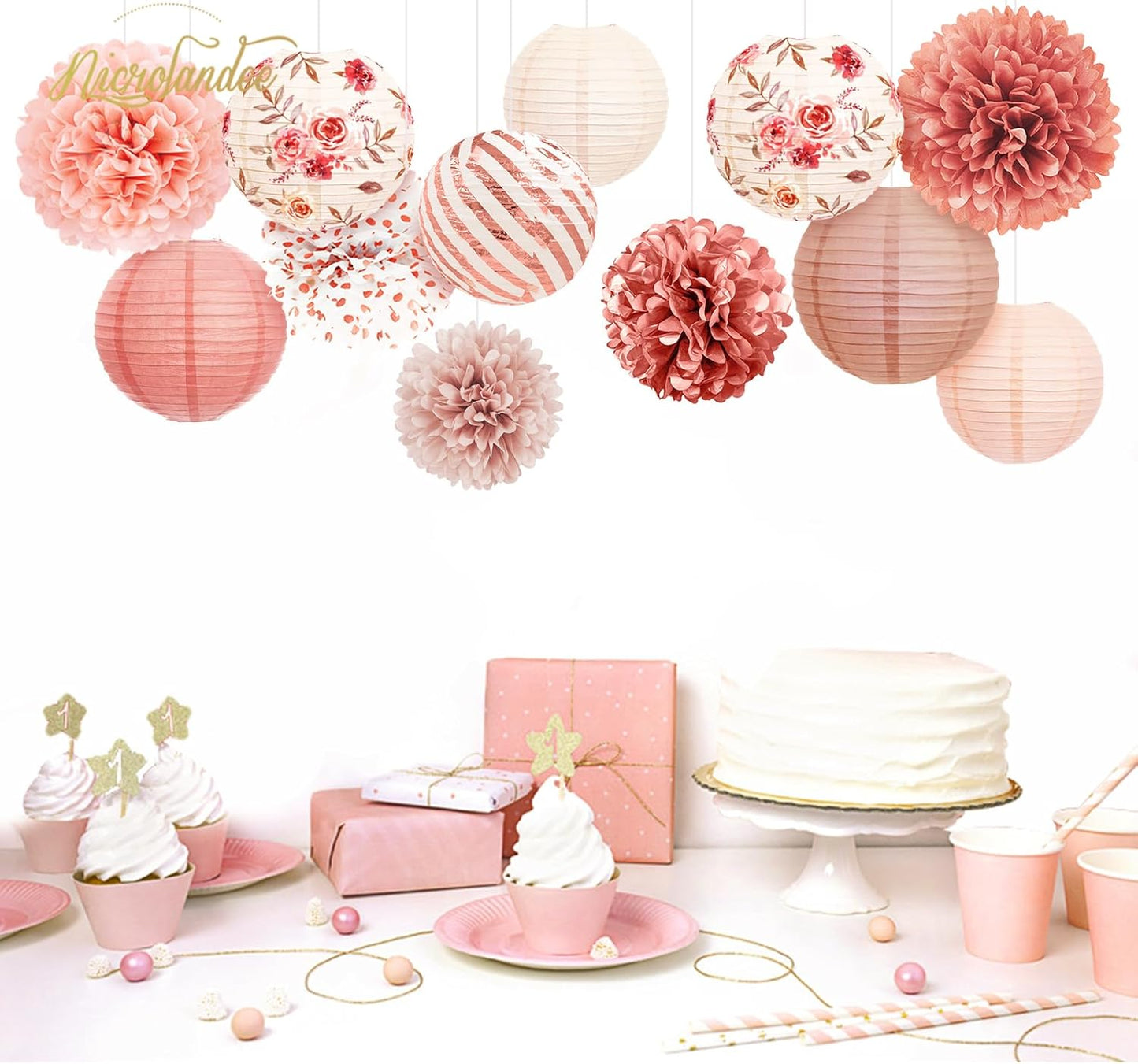NICROLANDEE Wedding Party Decorations, 12 PCS Rose Pink Floral Paper Lanterns Tissue Pom Poms Backdrop Decoration for Pink Boho Wedding Bridal Shower Birthday Tea Party Decor